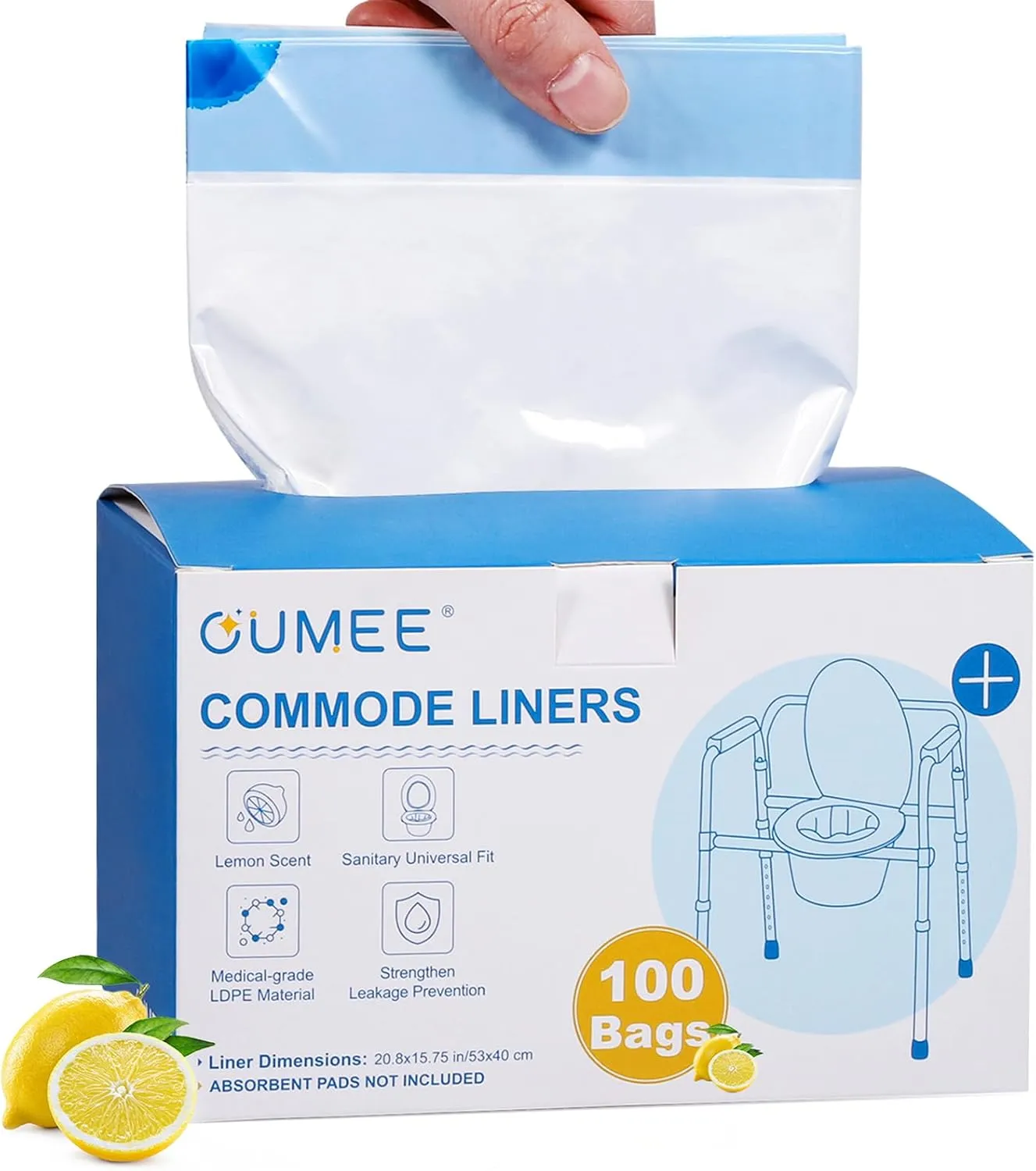 Lemon-Scented Commode Liners, 100 Count Bedside Commode Liners, Disposable Potty Liners for Adults Commode Chair Bags, Bedside Toilet Liners for Toilet Bucket - Leak-Proof & Universal