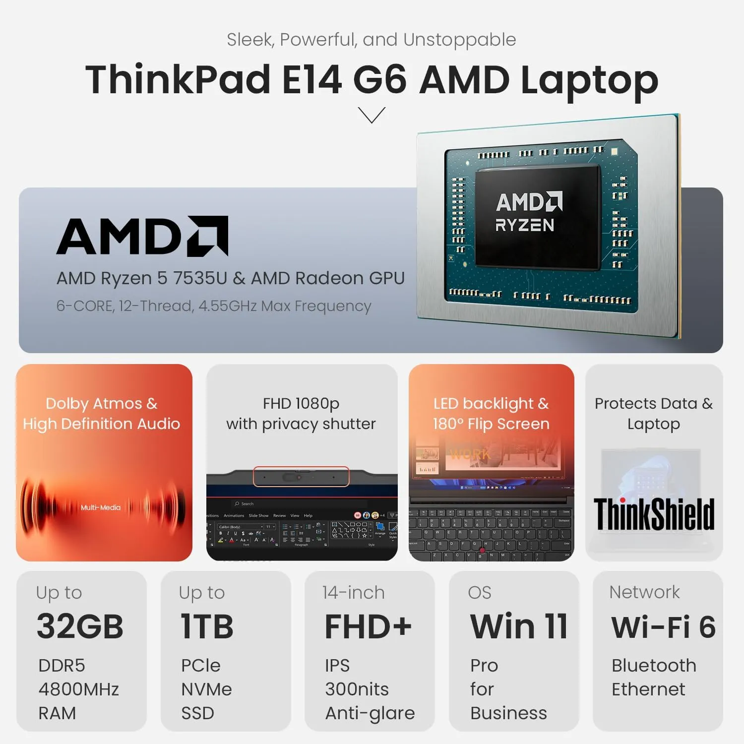 Lenovo ThinkPad E14 Gen 6 Business Laptop, 14" FHD  Display, AMD Ryzen 5 7535U, 32GB DDR5 RAM, 1TB SSD, Fingerprint, Backlit, Wi-Fi 6, Windows 11 Pro, Bundle with Targus USB-C 100W Docking Station