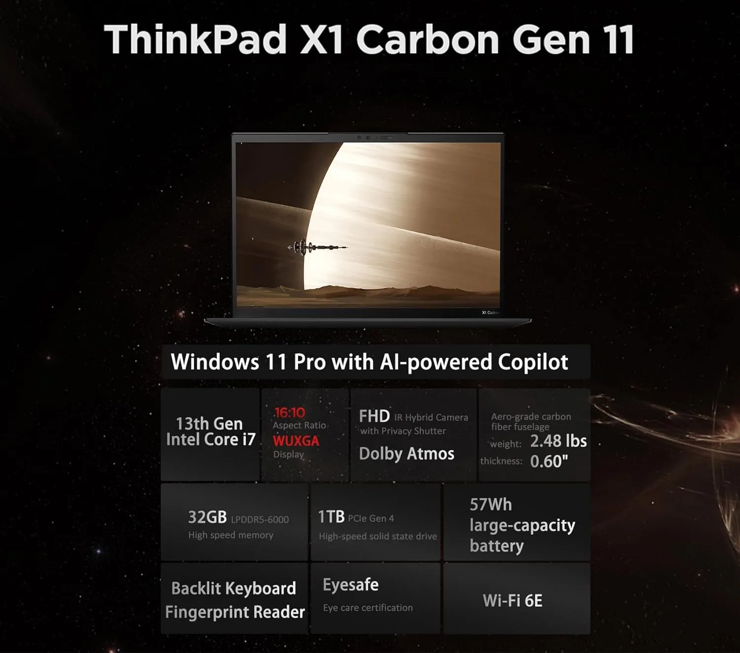 Lenovo ThinkPad X1 Carbon Gen 11 Business Laptop (14" FHD , Intel 10-Core i7-1365U, 32GB RAM, 1TB SSD), Fingerprint, 13.5-Hr Long Battery Life, Backlit, 1080p IR Webcam, Win 11 Pro w/AI Copilot