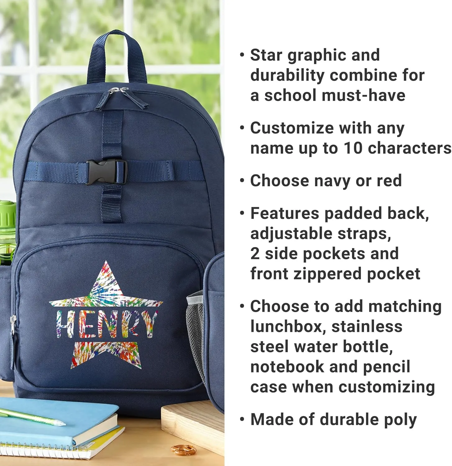 Let's Make Memories Kids Backpack for School - Personalized Back to School - Bookbag with Lunch Box - Blue, Tie Dye Star