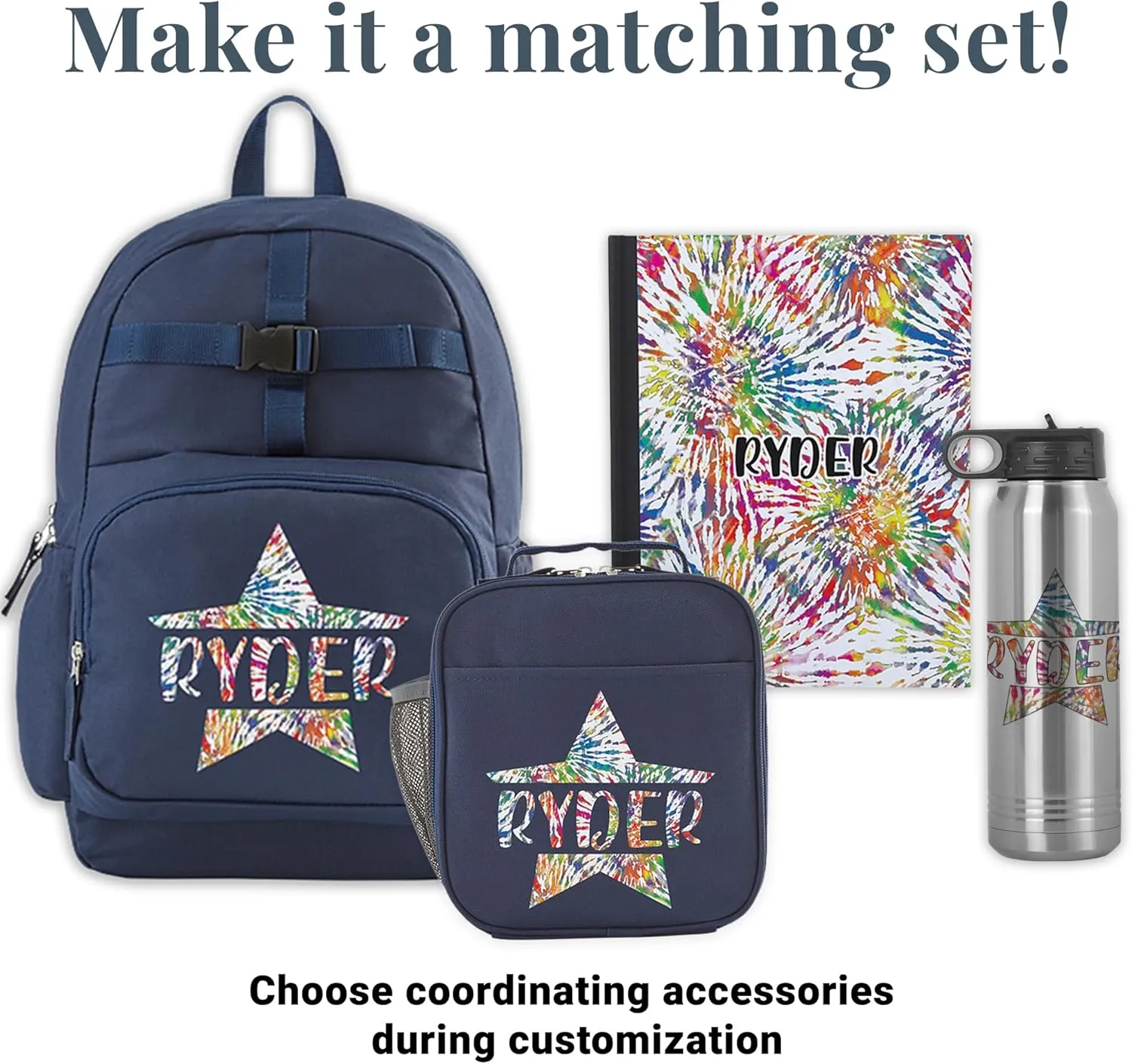 Let's Make Memories Kids Backpack for School - Personalized Back to School - Bookbag with Lunch Box - Blue, Tie Dye Star