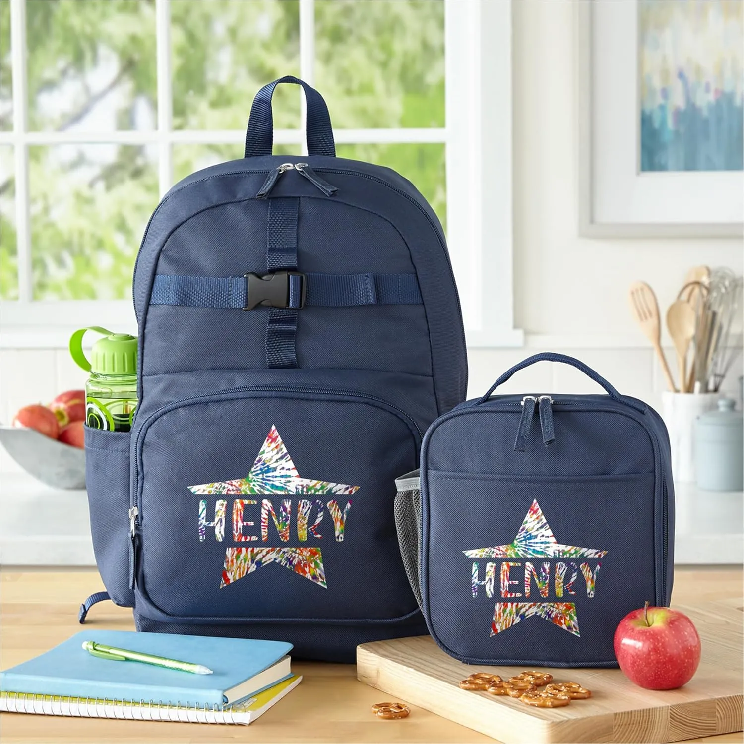 Let's Make Memories Kids Backpack for School - Personalized Back to School - Bookbag with Lunch Box - Blue, Tie Dye Star