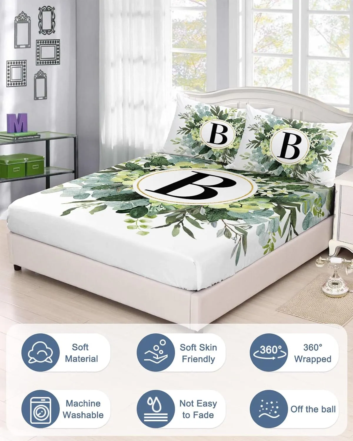 Letter B Twin Fitted Sheets Deep Pocket Up to 16", Pastoral Boho Eucalyptus Leaf Soft Single Mattress Cover with 1 Farm Green Botanical Decorative Pillowcase Bedsheet Set for Boys Girls Dorm Room