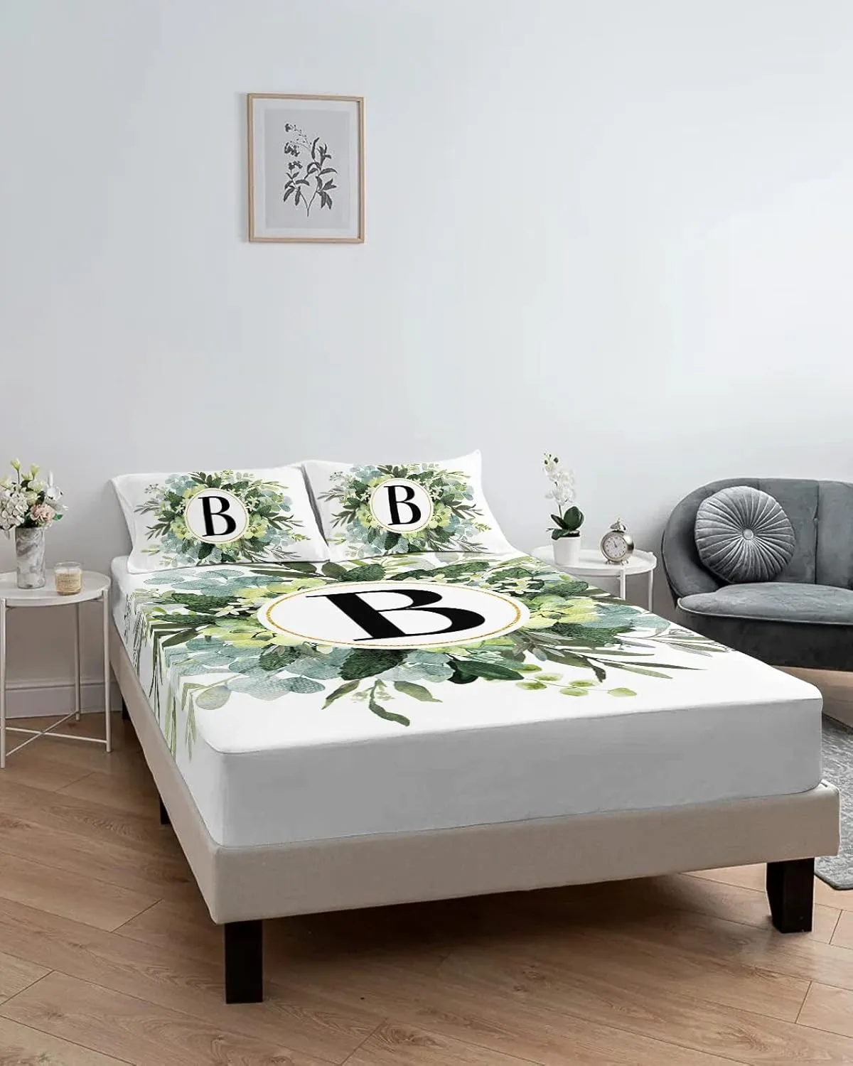 Letter B Twin Fitted Sheets Deep Pocket Up to 16", Pastoral Boho Eucalyptus Leaf Soft Single Mattress Cover with 1 Farm Green Botanical Decorative Pillowcase Bedsheet Set for Boys Girls Dorm Room