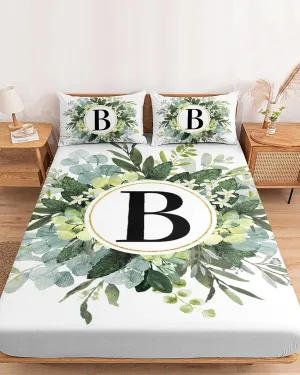 Letter B Twin Fitted Sheets Deep Pocket Up to 16", Pastoral Boho Eucalyptus Leaf Soft Single Mattress Cover with 1 Farm Green Botanical Decorative Pillowcase Bedsheet Set for Boys Girls Dorm Room
