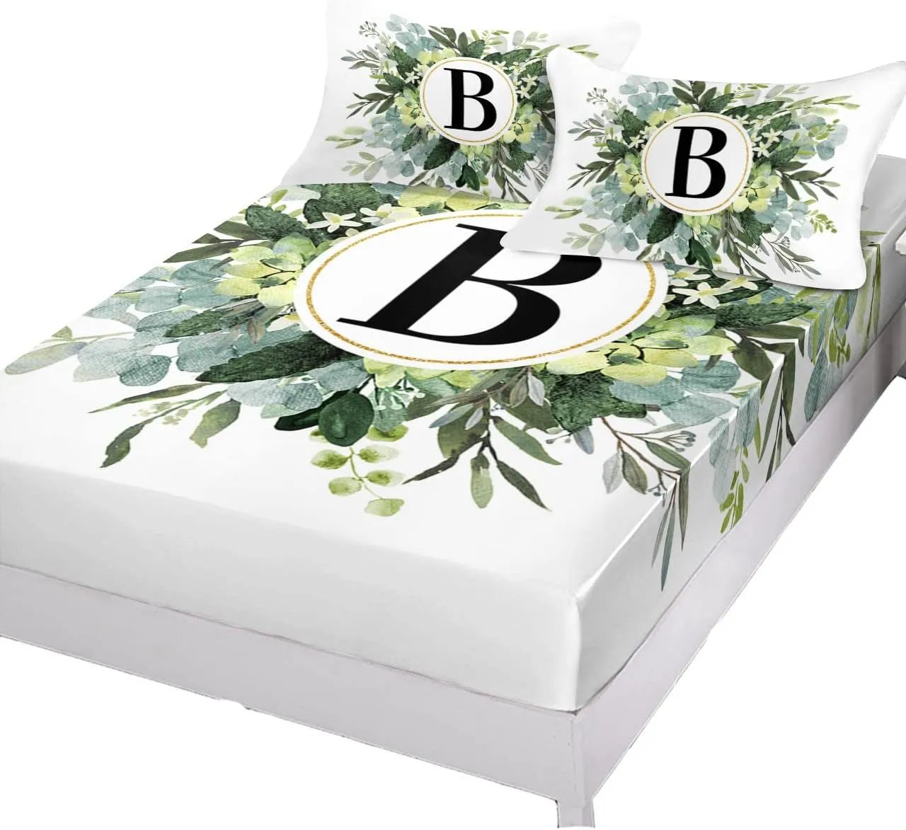Letter B Twin Fitted Sheets Deep Pocket Up to 16", Pastoral Boho Eucalyptus Leaf Soft Single Mattress Cover with 1 Farm Green Botanical Decorative Pillowcase Bedsheet Set for Boys Girls Dorm Room