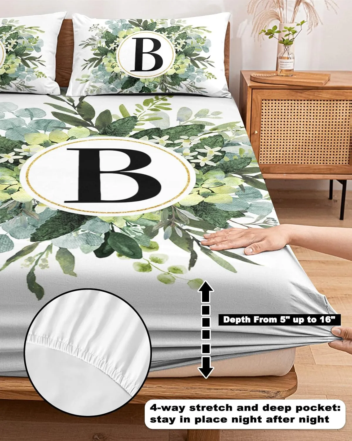 Letter B Twin Fitted Sheets Deep Pocket Up to 16", Pastoral Boho Eucalyptus Leaf Soft Single Mattress Cover with 1 Farm Green Botanical Decorative Pillowcase Bedsheet Set for Boys Girls Dorm Room