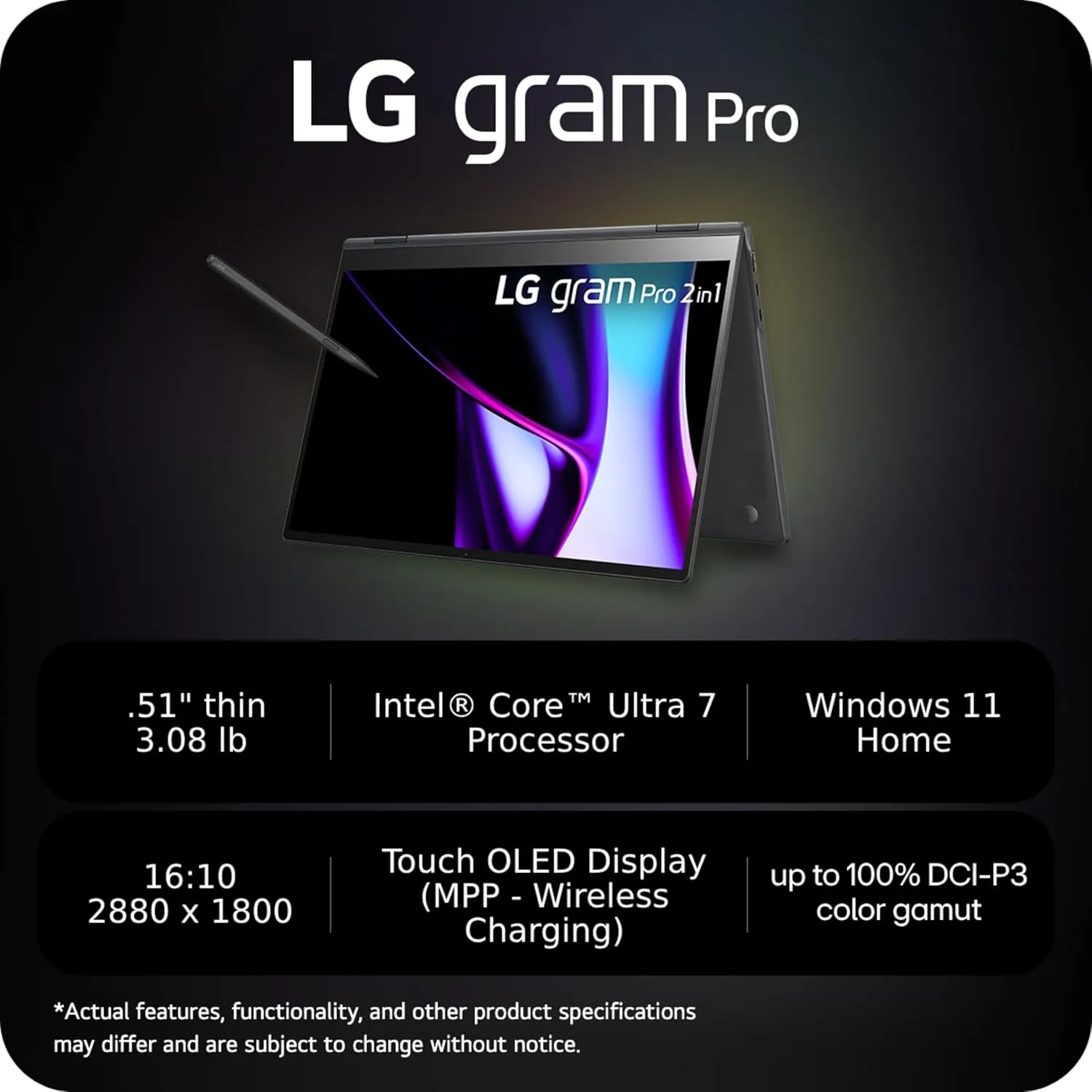 LG gram Pro 16-inch OLED 2in1 Thin and Lightweight Laptop, Intel Evo Edition - AI-enabled Intel Core Ultra 7 Processor, Windows 11 Home, 32GB RAM, 2 TB SSD, VRR OLED Touch Display, Black