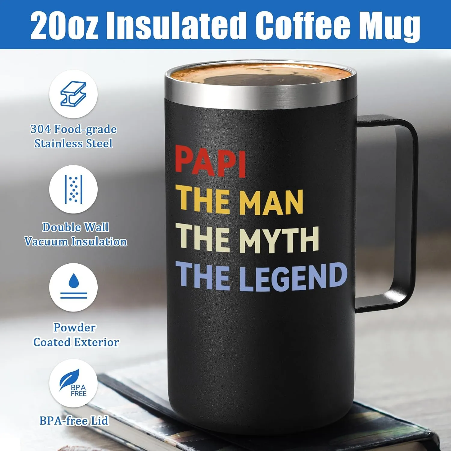 Lifecapido Papi Father‘s Day Gifts, Papi The Man The Myth The Legend 20oz Insulated Coffee Mug with Keychain, Birthday, Christmas, Father's Day Gifts from Son, Daughter, Wife, Black