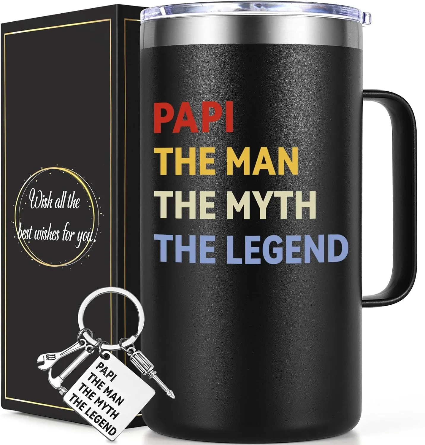 Lifecapido Papi Father‘s Day Gifts, Papi The Man The Myth The Legend 20oz Insulated Coffee Mug with Keychain, Birthday, Christmas, Father's Day Gifts from Son, Daughter, Wife, Black