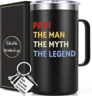 Lifecapido Papi Father‘s Day Gifts, Papi The Man The Myth The Legend 20oz Insulated Coffee Mug with Keychain, Birthday, Christmas, Father's Day Gifts from Son, Daughter, Wife, Black