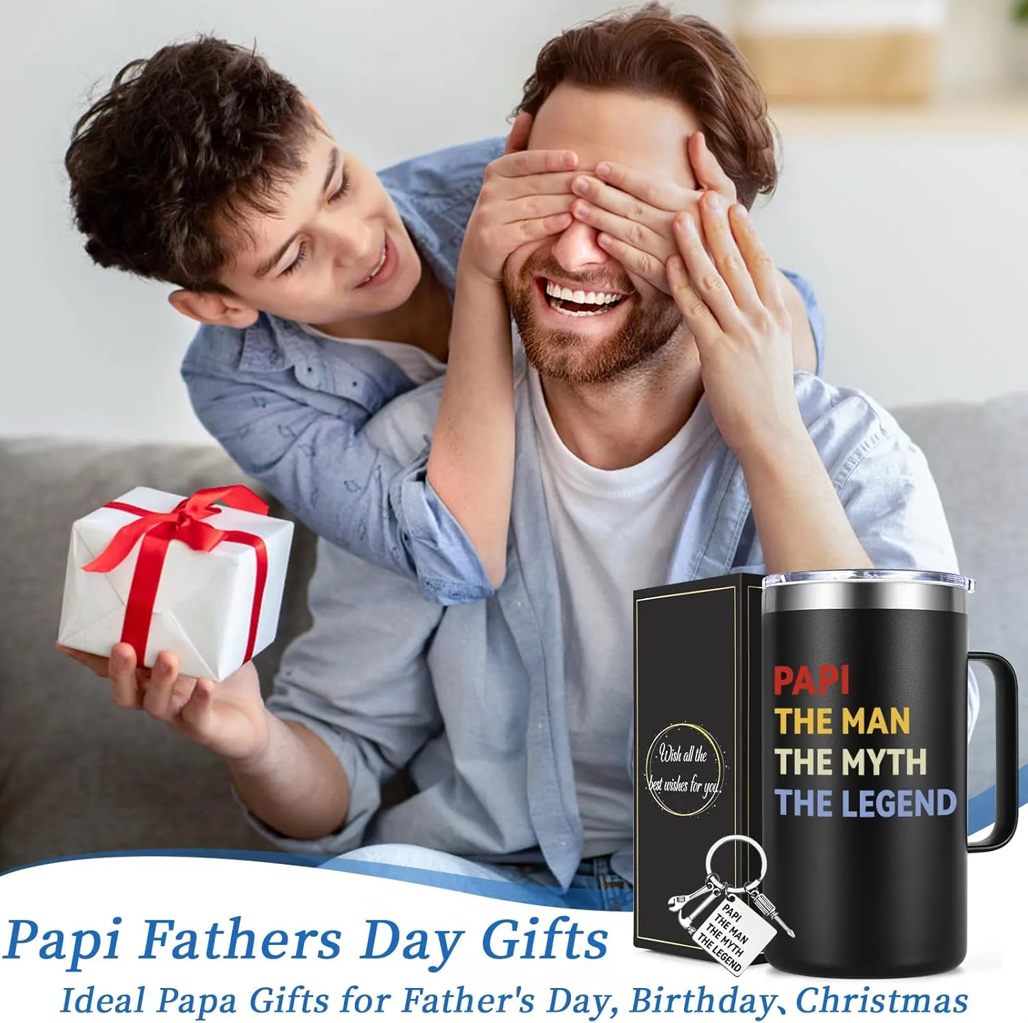 Lifecapido Papi Father‘s Day Gifts, Papi The Man The Myth The Legend 20oz Insulated Coffee Mug with Keychain, Birthday, Christmas, Father's Day Gifts from Son, Daughter, Wife, Black