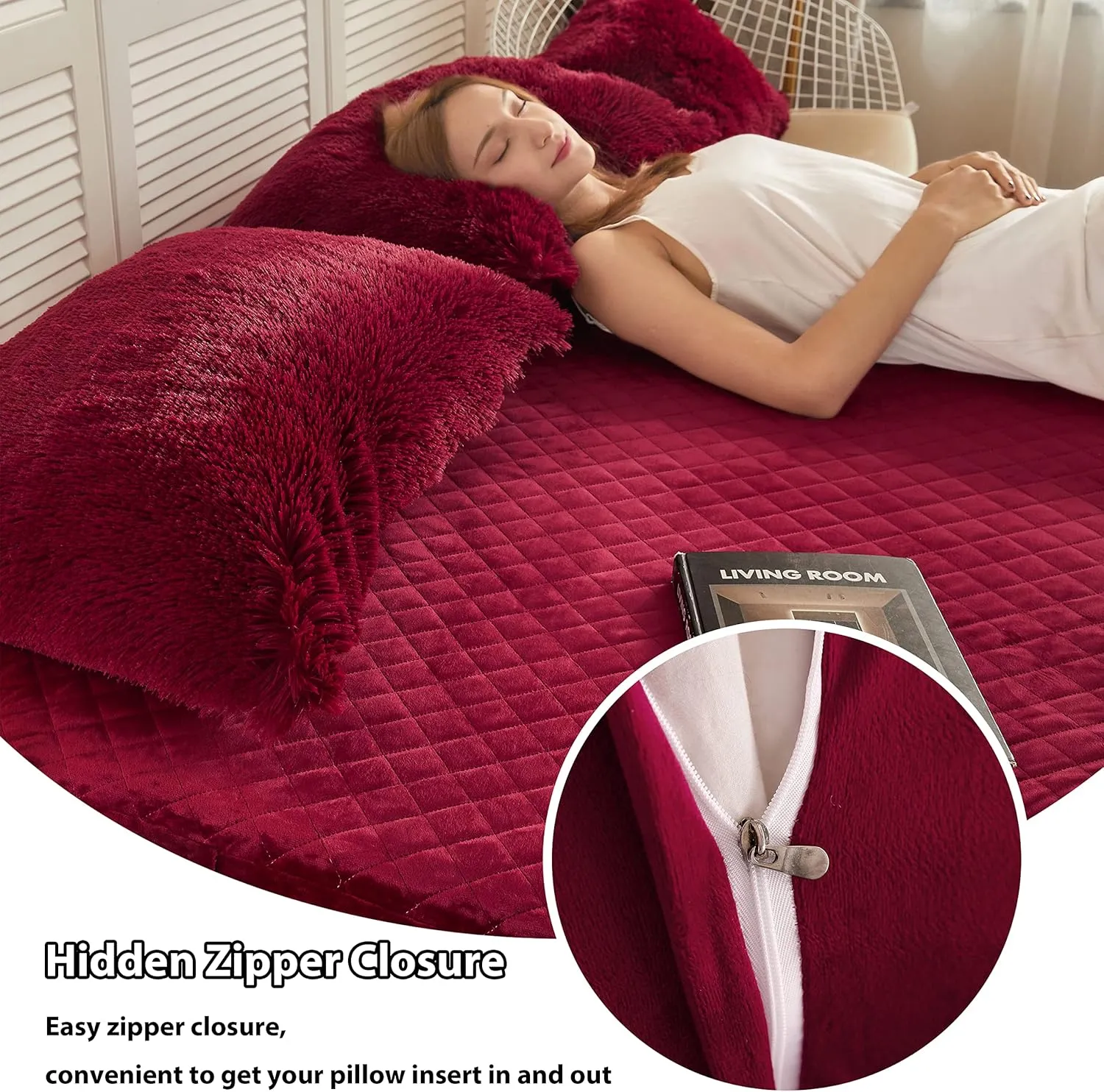 LIFEREVO 2 Pack Luxury Faux Fur Pillow Shams, Shaggy Plush Pillow Cases Christmas Pillowcases Decorative Soft Furry Pillow Covers with Zipper Closure for Home Bedroom, Standard Size(Burgundy,20"x26")