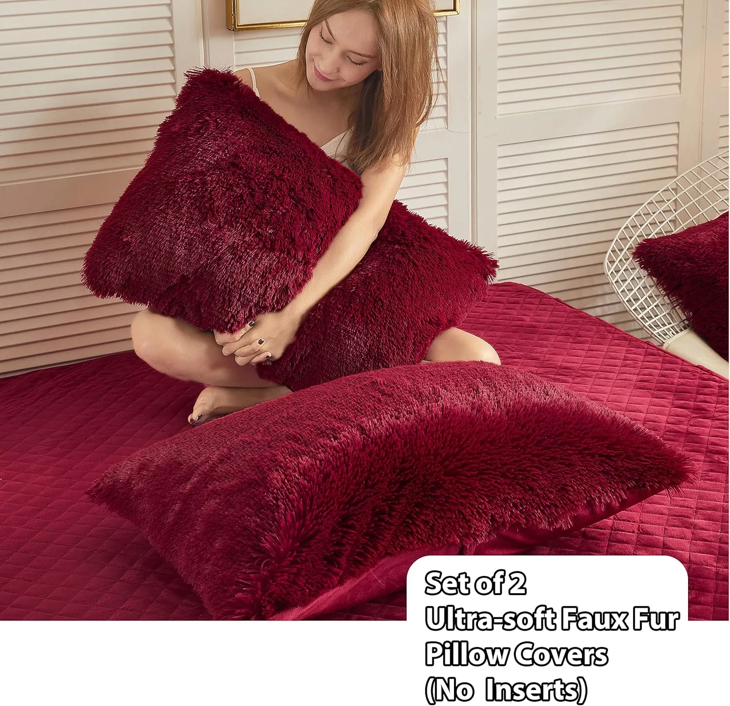 LIFEREVO 2 Pack Luxury Faux Fur Pillow Shams, Shaggy Plush Pillow Cases Christmas Pillowcases Decorative Soft Furry Pillow Covers with Zipper Closure for Home Bedroom, Standard Size(Burgundy,20"x26")