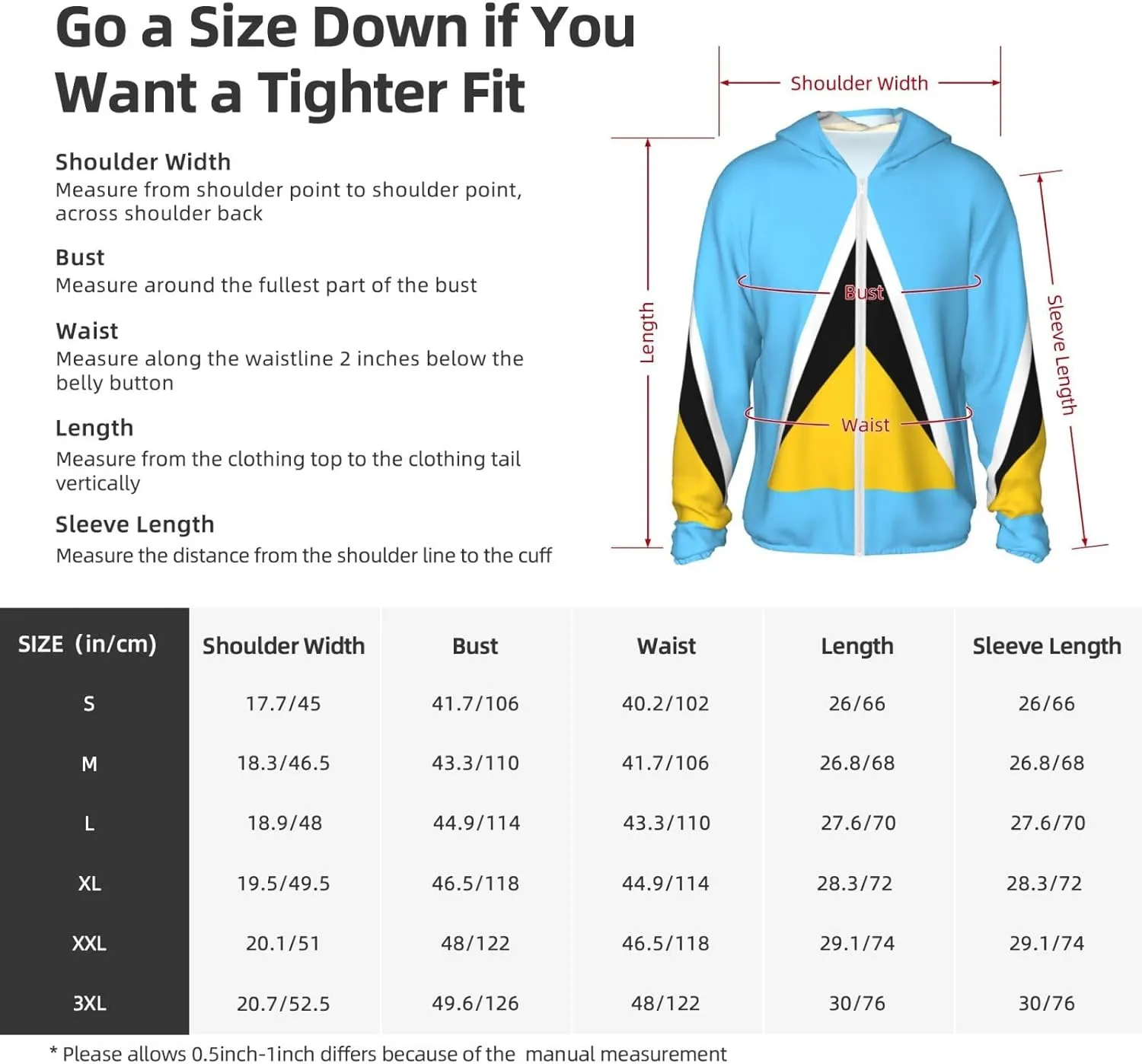 Lightweight UV Protection Sun Jacket, Flag of Saint Lucia Print Sportswear Hooded Sunblock Shirt for Outdoor