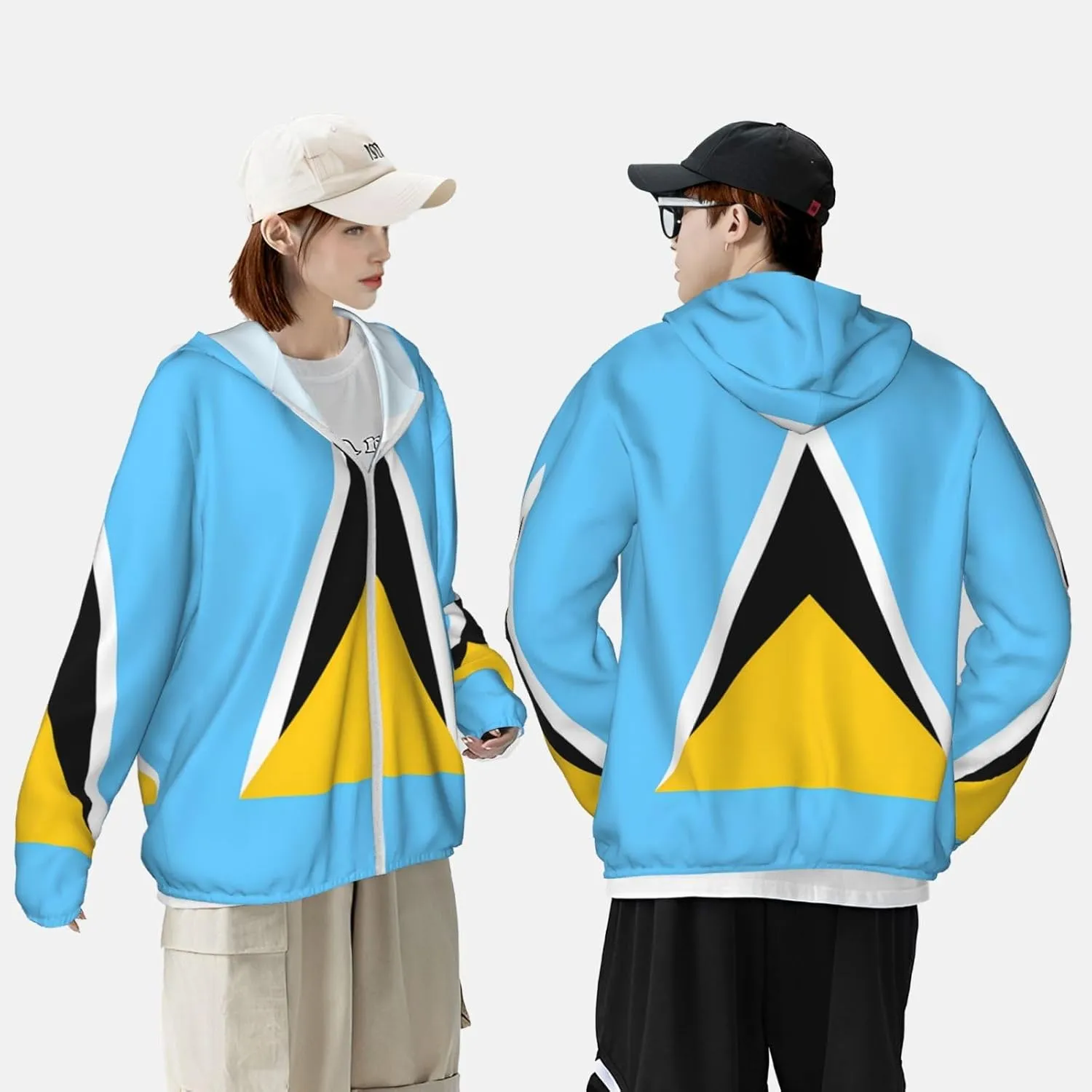 Lightweight UV Protection Sun Jacket, Flag of Saint Lucia Print Sportswear Hooded Sunblock Shirt for Outdoor