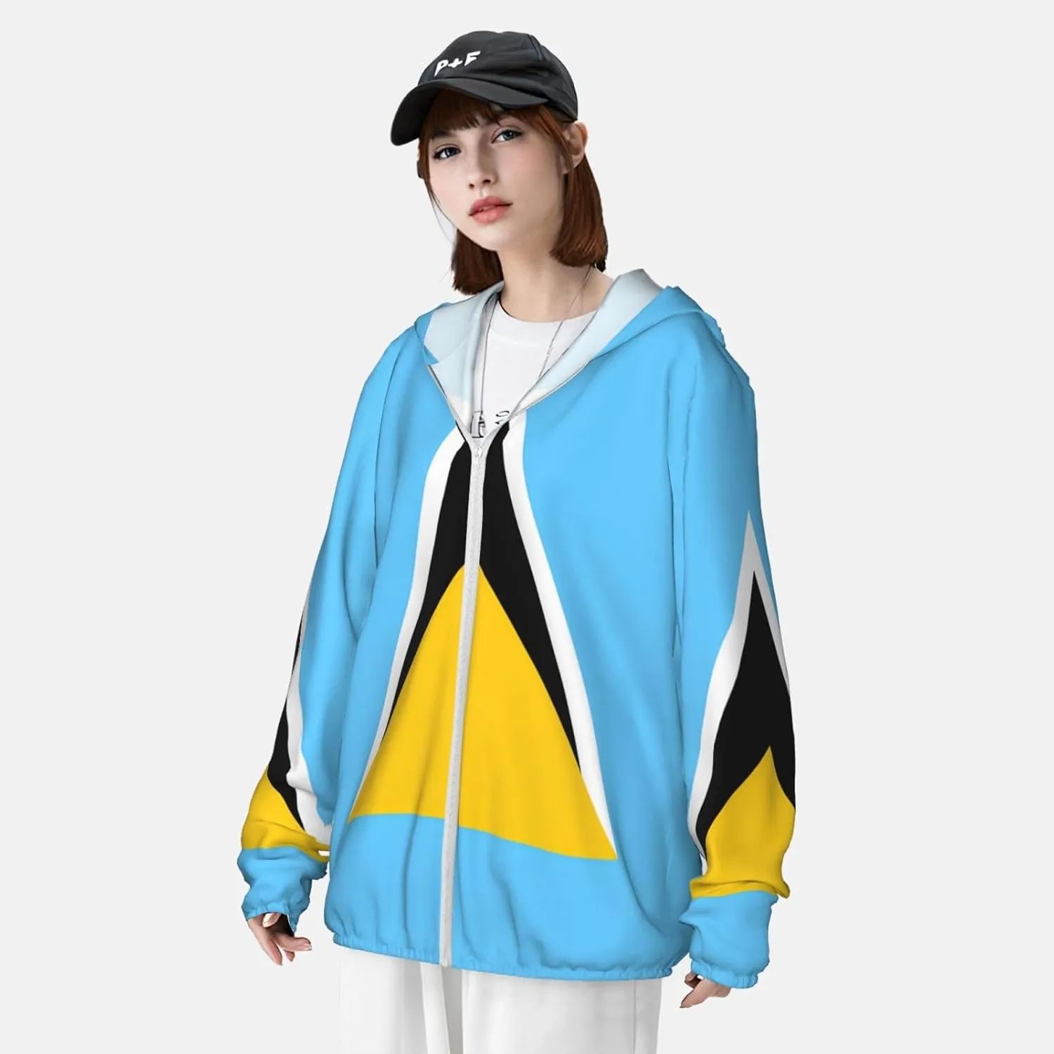 Lightweight UV Protection Sun Jacket, Flag of Saint Lucia Print Sportswear Hooded Sunblock Shirt for Outdoor