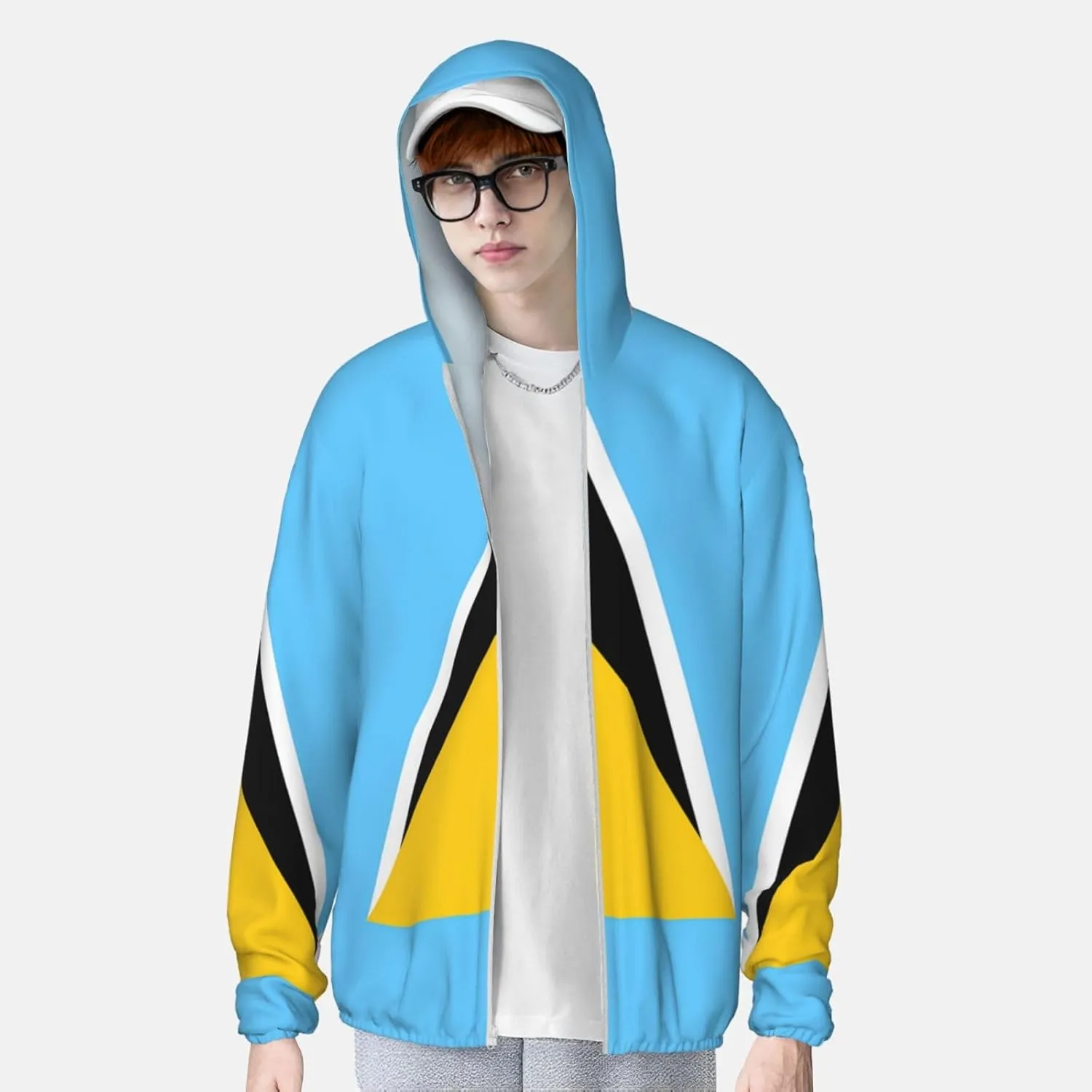 Lightweight UV Protection Sun Jacket, Flag of Saint Lucia Print Sportswear Hooded Sunblock Shirt for Outdoor