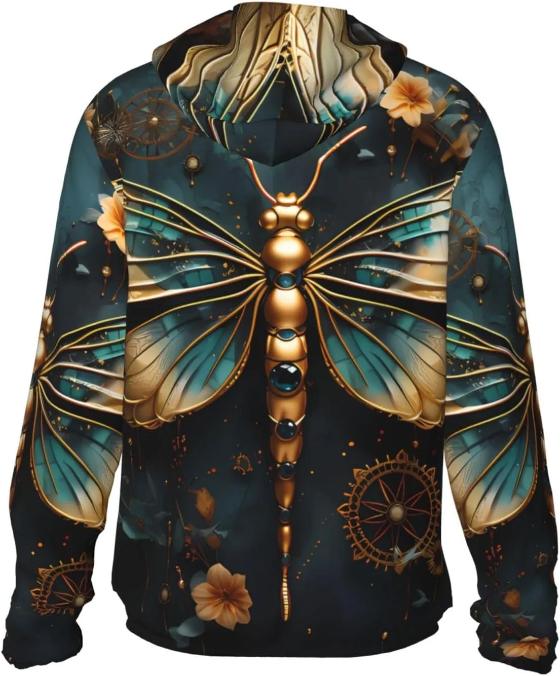 Lightweight UV Protection Sun Jacket, Gold Dragonfly Flower Print Sportswear Hooded Sunblock Shirt for Outdoor