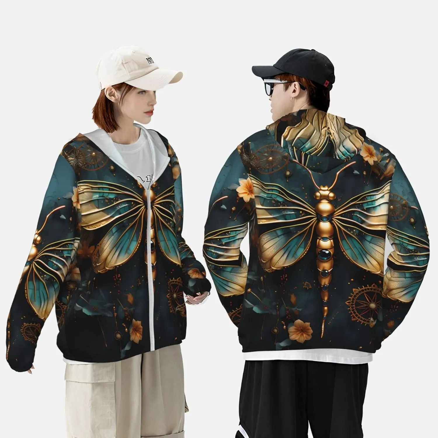 Lightweight UV Protection Sun Jacket, Gold Dragonfly Flower Print Sportswear Hooded Sunblock Shirt for Outdoor