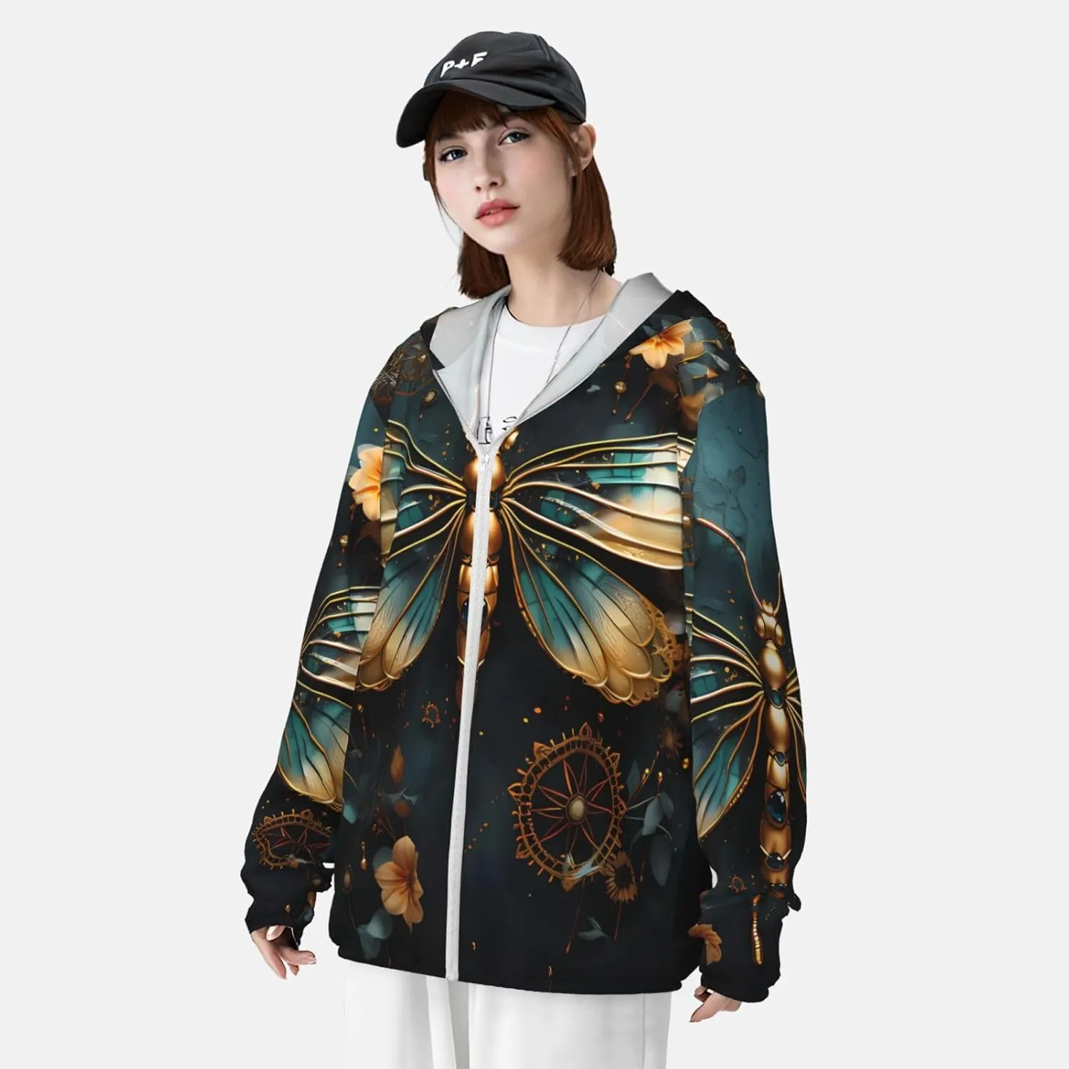 Lightweight UV Protection Sun Jacket, Gold Dragonfly Flower Print Sportswear Hooded Sunblock Shirt for Outdoor