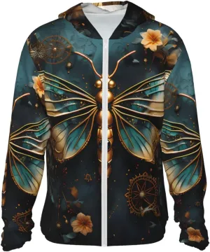 Lightweight UV Protection Sun Jacket, Gold Dragonfly Flower Print Sportswear Hooded Sunblock Shirt for Outdoor