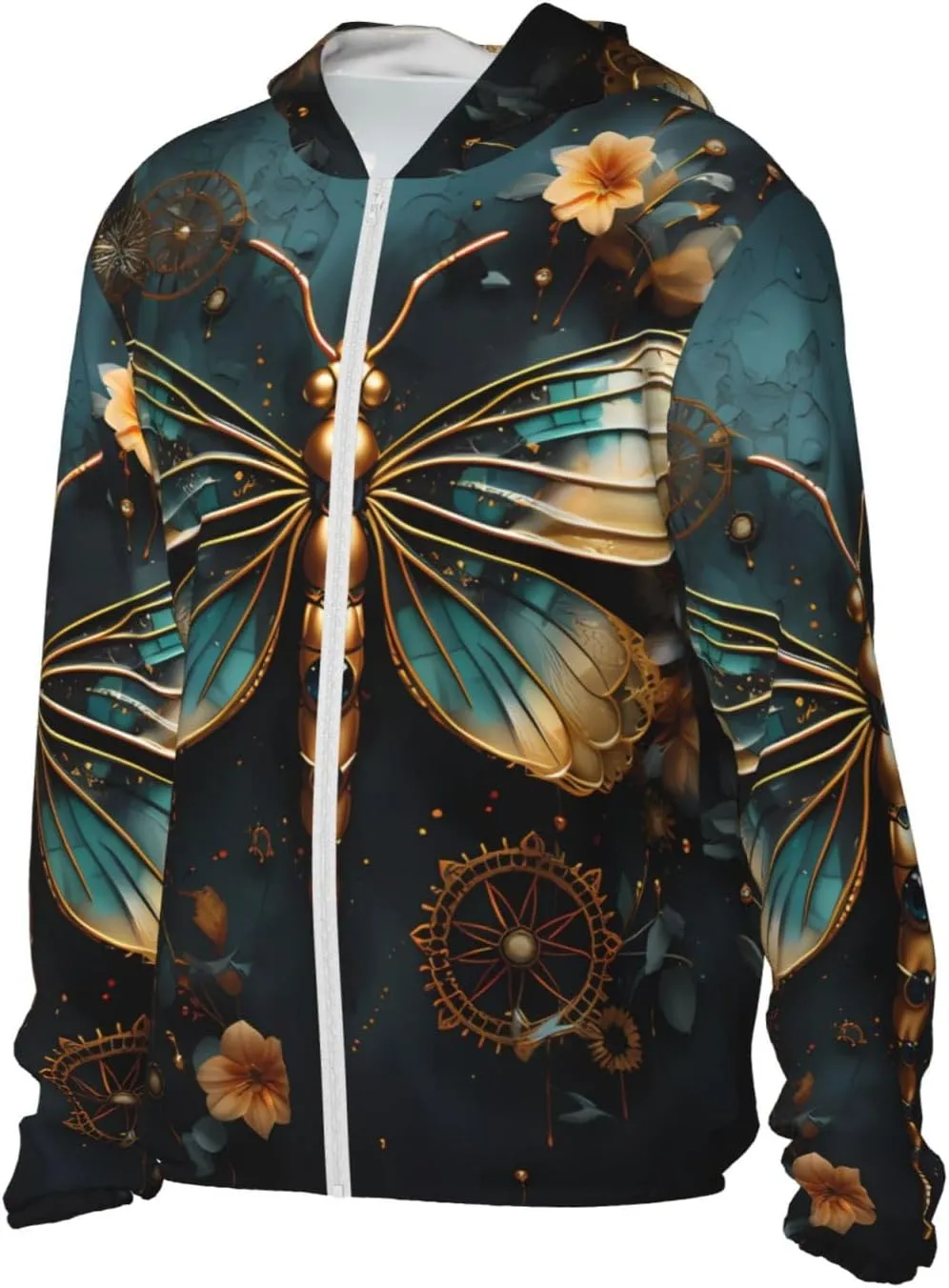 Lightweight UV Protection Sun Jacket, Gold Dragonfly Flower Print Sportswear Hooded Sunblock Shirt for Outdoor