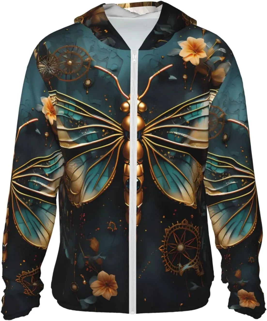 Lightweight UV Protection Sun Jacket, Gold Dragonfly Flower Print Sportswear Hooded Sunblock Shirt for Outdoor
