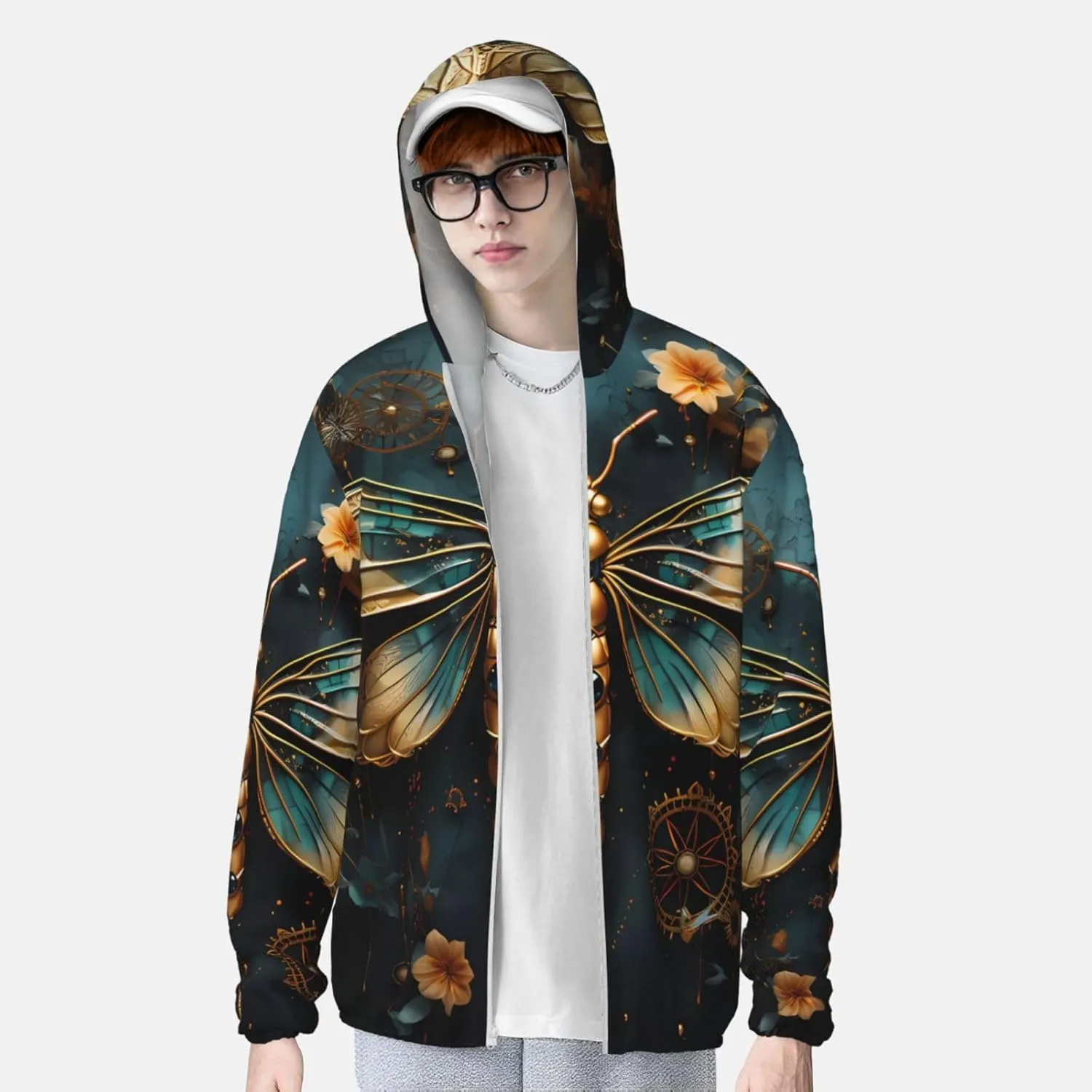 Lightweight UV Protection Sun Jacket, Gold Dragonfly Flower Print Sportswear Hooded Sunblock Shirt for Outdoor