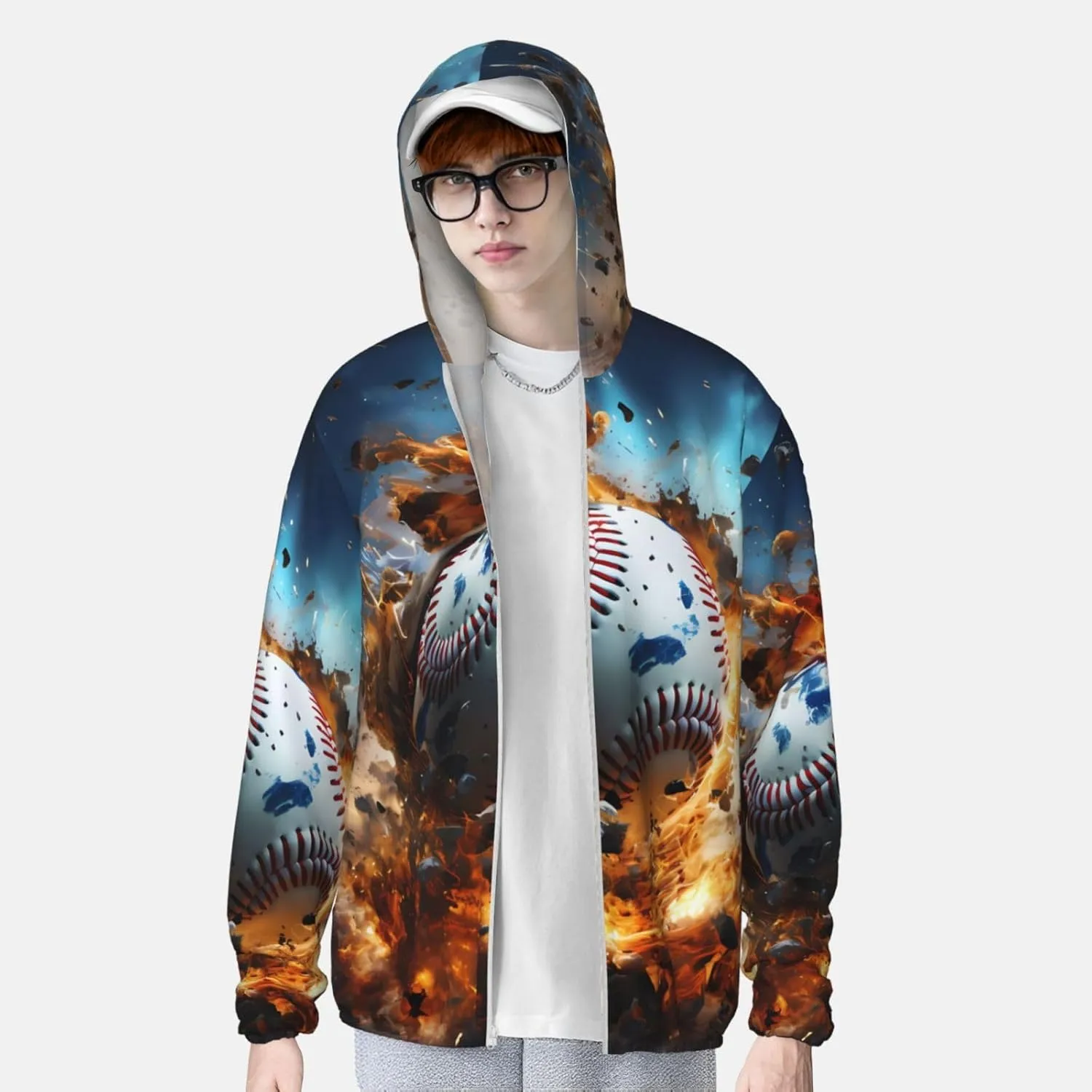 Lightweight UV Protection Sun Jacket, Hot Baseball Print Sportswear Hooded Sunblock Shirt for Outdoor