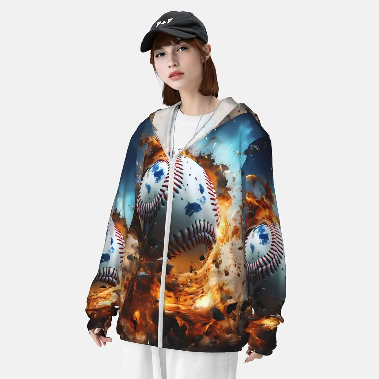 Lightweight UV Protection Sun Jacket, Hot Baseball Print Sportswear Hooded Sunblock Shirt for Outdoor