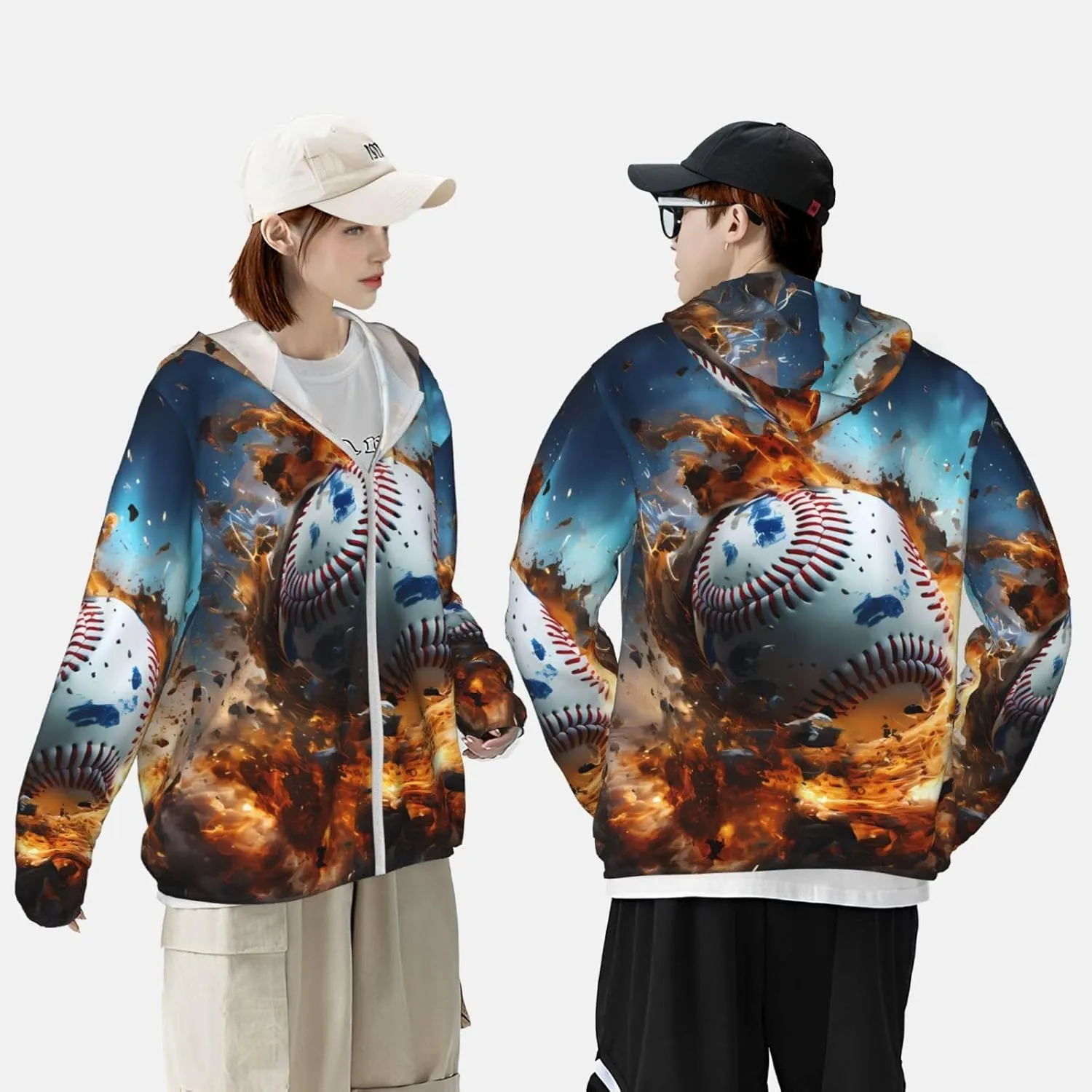 Lightweight UV Protection Sun Jacket, Hot Baseball Print Sportswear Hooded Sunblock Shirt for Outdoor