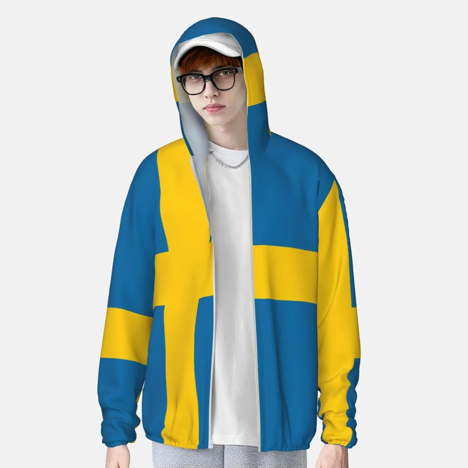 Lightweight UV Protection Sun Jacket, Swedish Flag Print Sportswear Hooded Sunblock Shirt for Outdoor