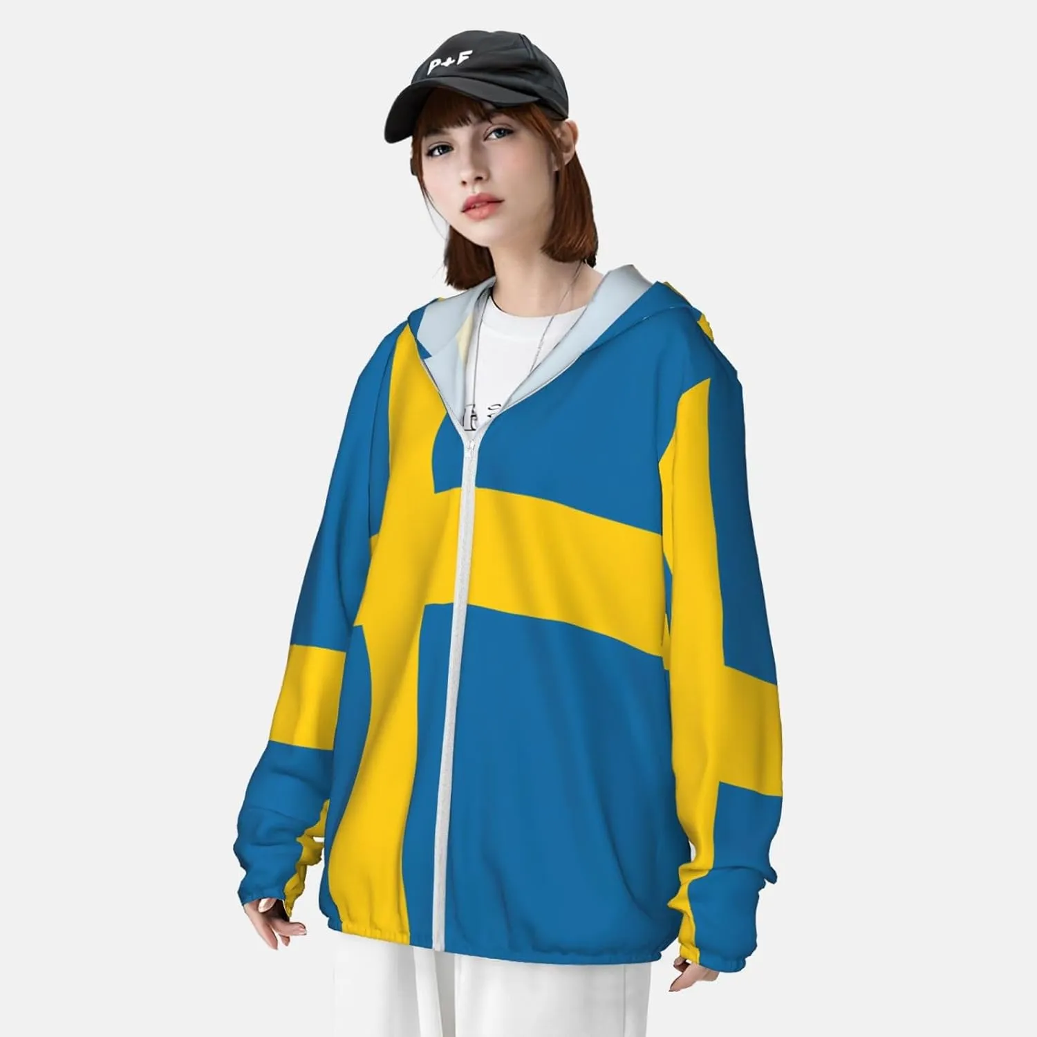 Lightweight UV Protection Sun Jacket, Swedish Flag Print Sportswear Hooded Sunblock Shirt for Outdoor