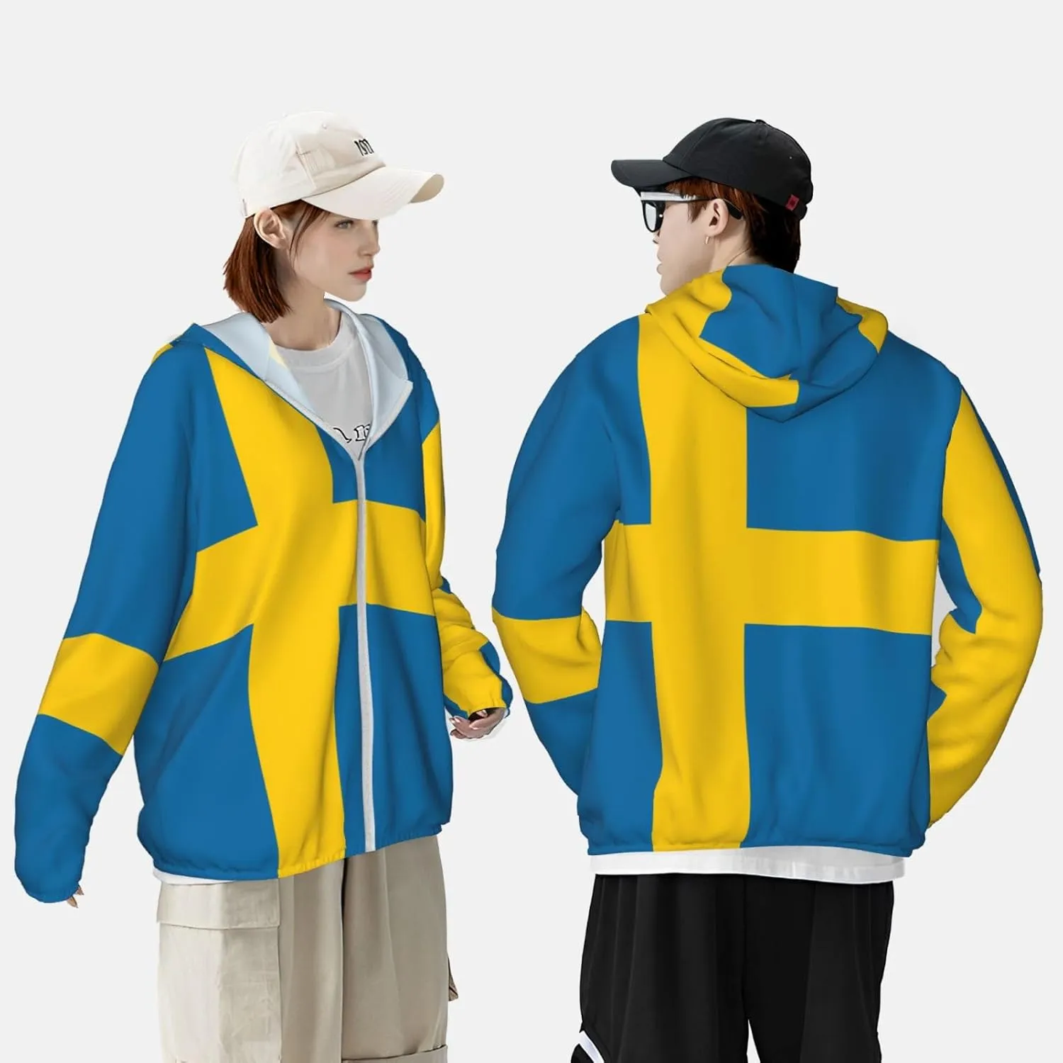 Lightweight UV Protection Sun Jacket, Swedish Flag Print Sportswear Hooded Sunblock Shirt for Outdoor