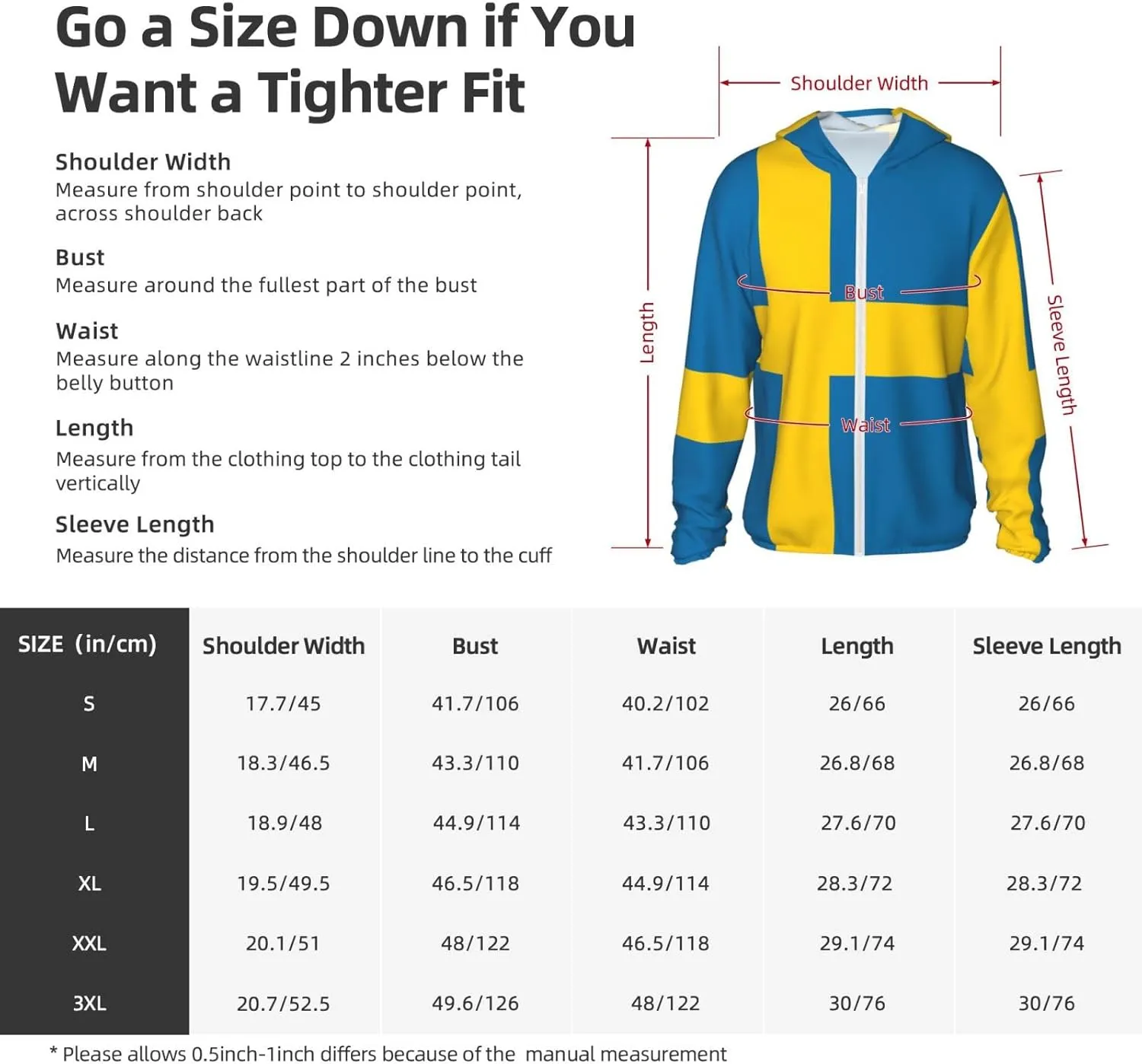 Lightweight UV Protection Sun Jacket, Swedish Flag Print Sportswear Hooded Sunblock Shirt for Outdoor