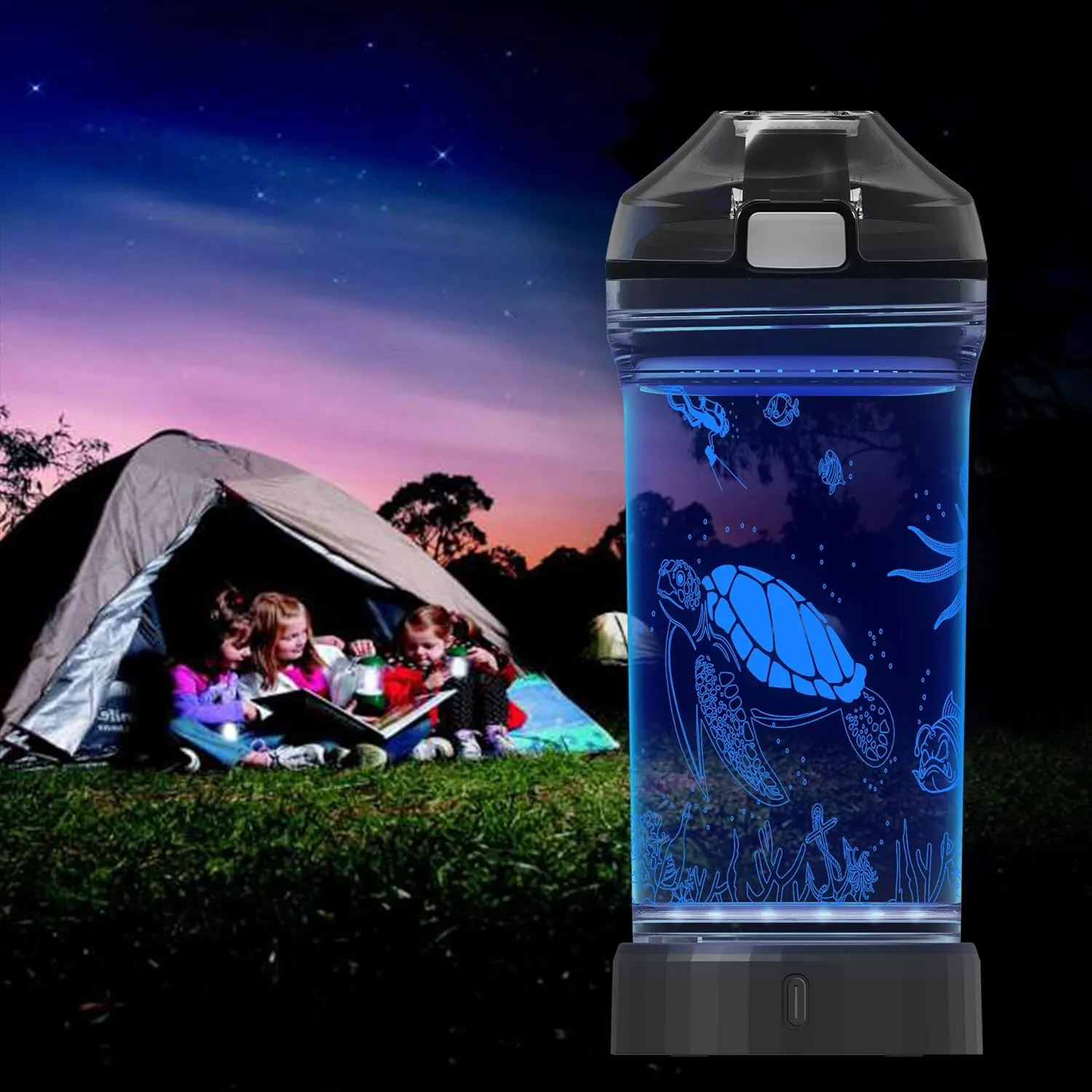 Lightzz Kids Water Bottle with 3D Glowing Turtle LED Light - Tritan BPA Free - Creative Ideal Travel Cup Ocean Gift for Back to School Girl Boy Child Holiday Camping Picnic (Sea Turtle 14 Oz)