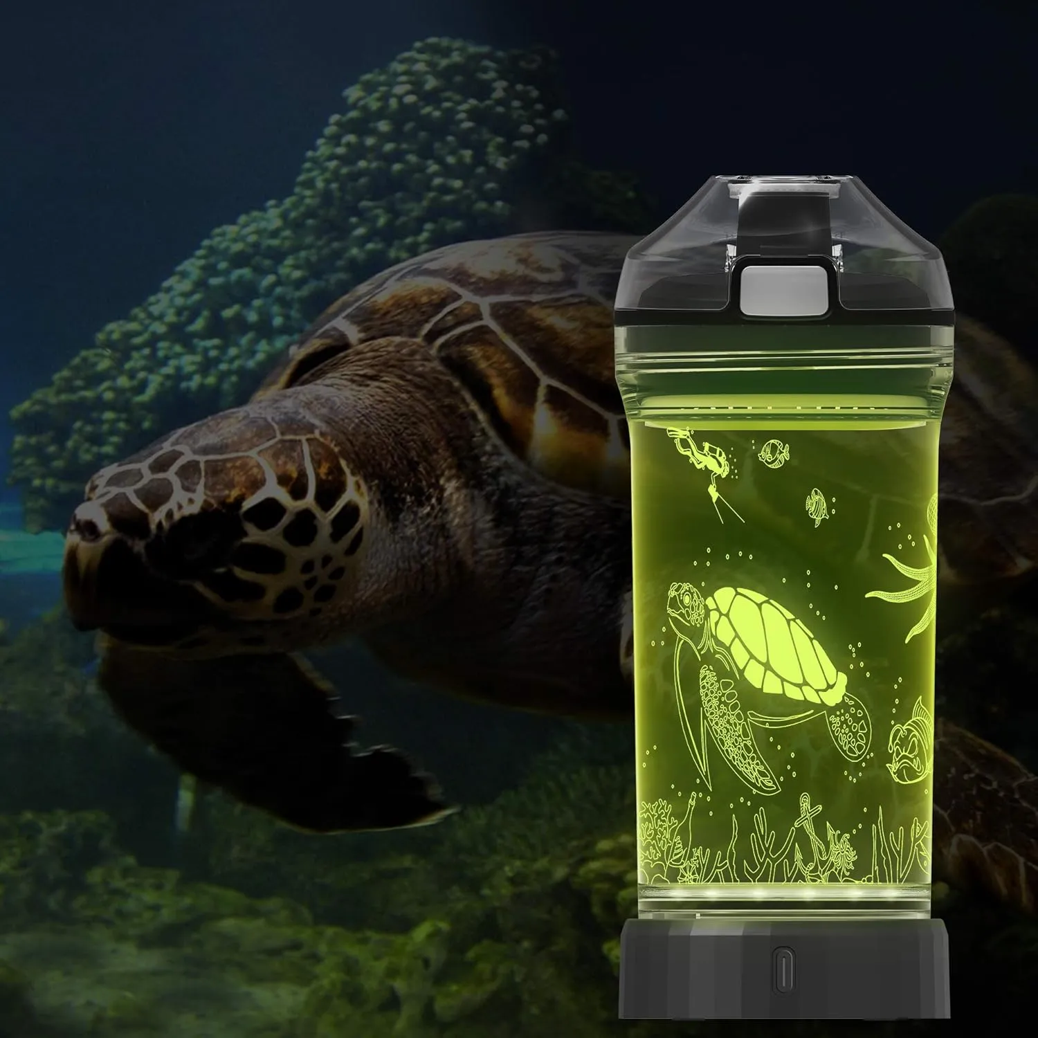 Lightzz Kids Water Bottle with 3D Glowing Turtle LED Light - Tritan BPA Free - Creative Ideal Travel Cup Ocean Gift for Back to School Girl Boy Child Holiday Camping Picnic (Sea Turtle 14 Oz)
