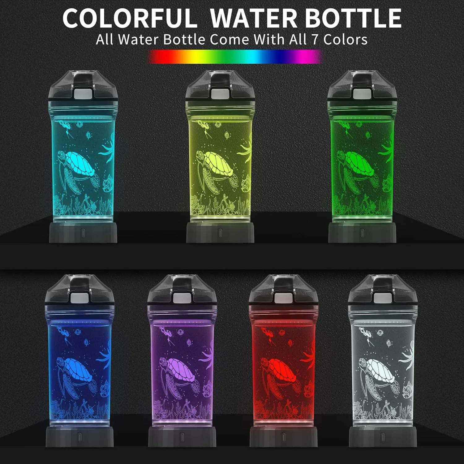 Lightzz Kids Water Bottle with 3D Glowing Turtle LED Light - Tritan BPA Free - Creative Ideal Travel Cup Ocean Gift for Back to School Girl Boy Child Holiday Camping Picnic (Sea Turtle 14 Oz)
