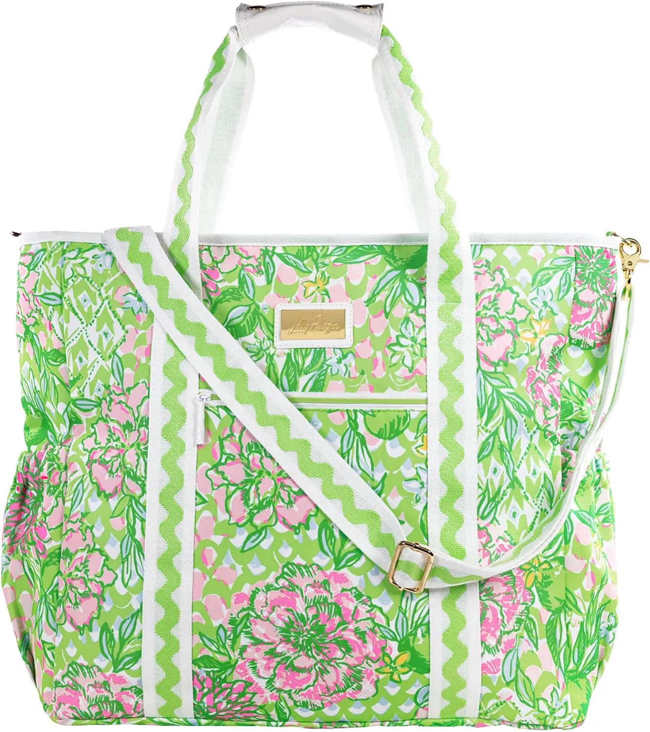 Lilly Pulitzer Green Picnic and Beach Cooler, Insulated Bag with Adjustable Shoulder Strap and Zipper, Large Soft Cooler for Groceries or Travel, Lime Feeling Good