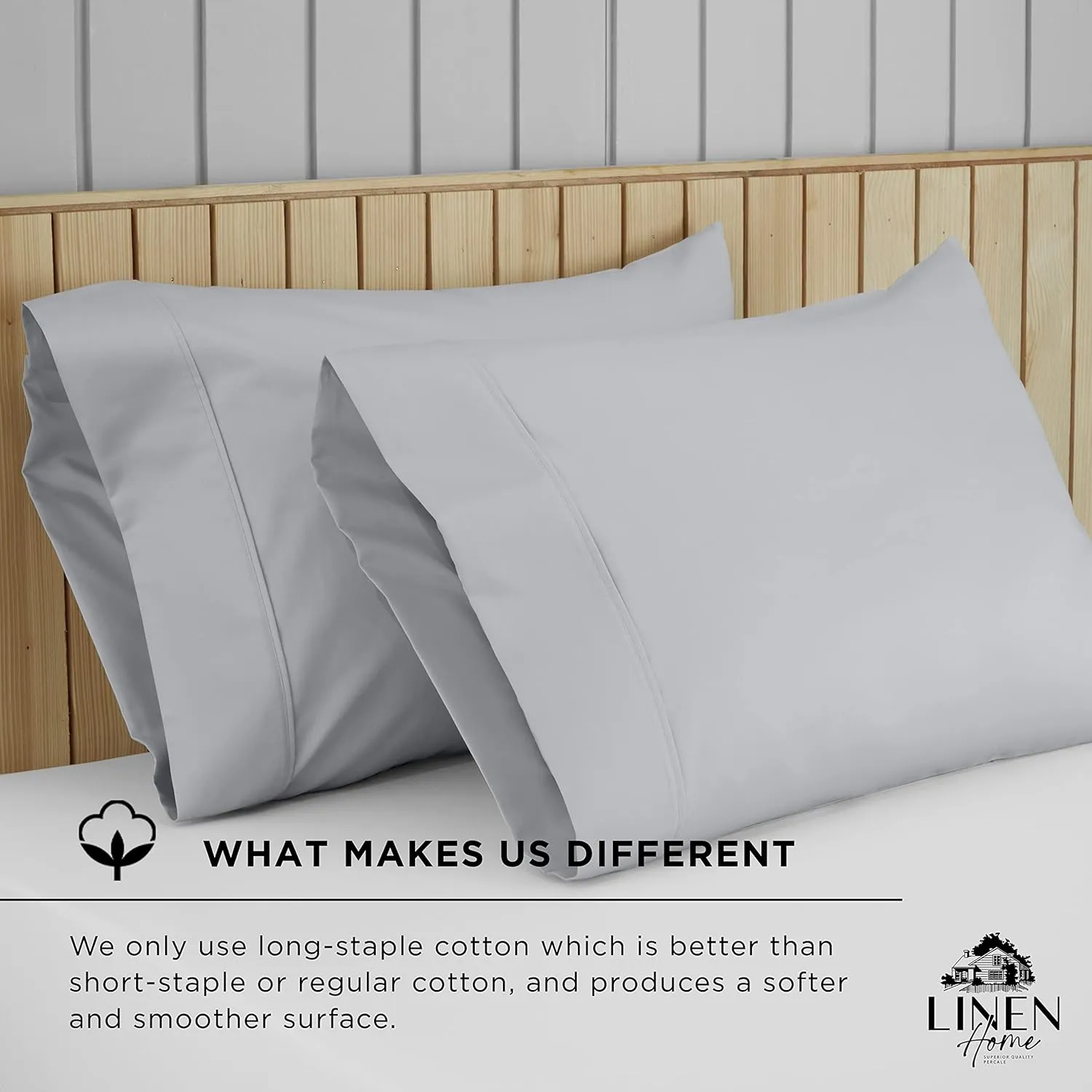 Linen Home 500 Thread Count Queen Pillowcase Set | 100% Long-Staple Cotton Pillow Cases | Soft & Smooth Luxury Satin Set of 2 Pillowcases | 4 Inch Z Hem | Silver