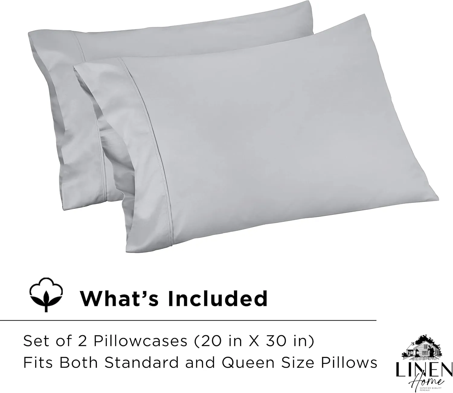 Linen Home 500 Thread Count Queen Pillowcase Set | 100% Long-Staple Cotton Pillow Cases | Soft & Smooth Luxury Satin Set of 2 Pillowcases | 4 Inch Z Hem | Silver