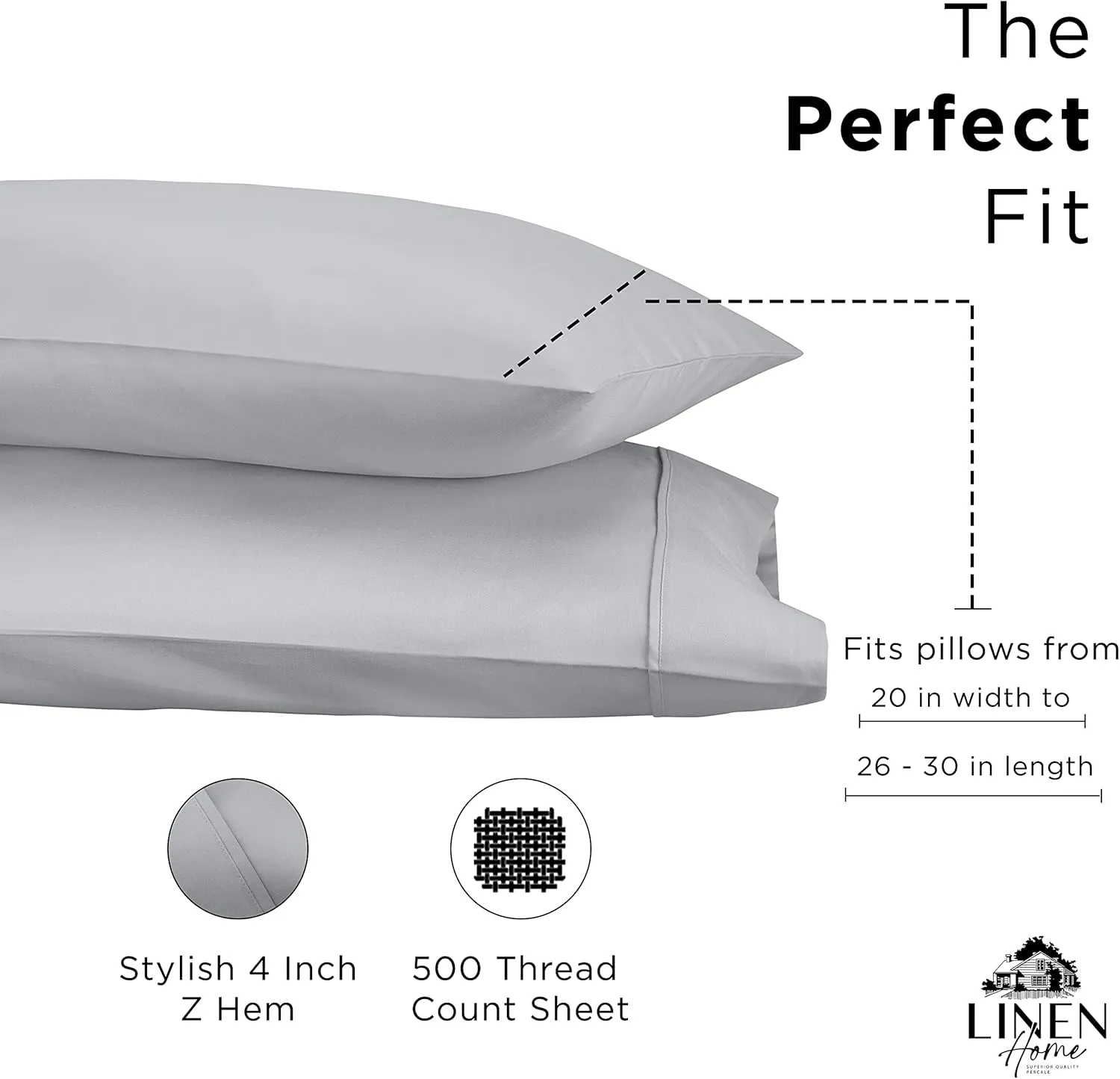 Linen Home 500 Thread Count Queen Pillowcase Set | 100% Long-Staple Cotton Pillow Cases | Soft & Smooth Luxury Satin Set of 2 Pillowcases | 4 Inch Z Hem | Silver