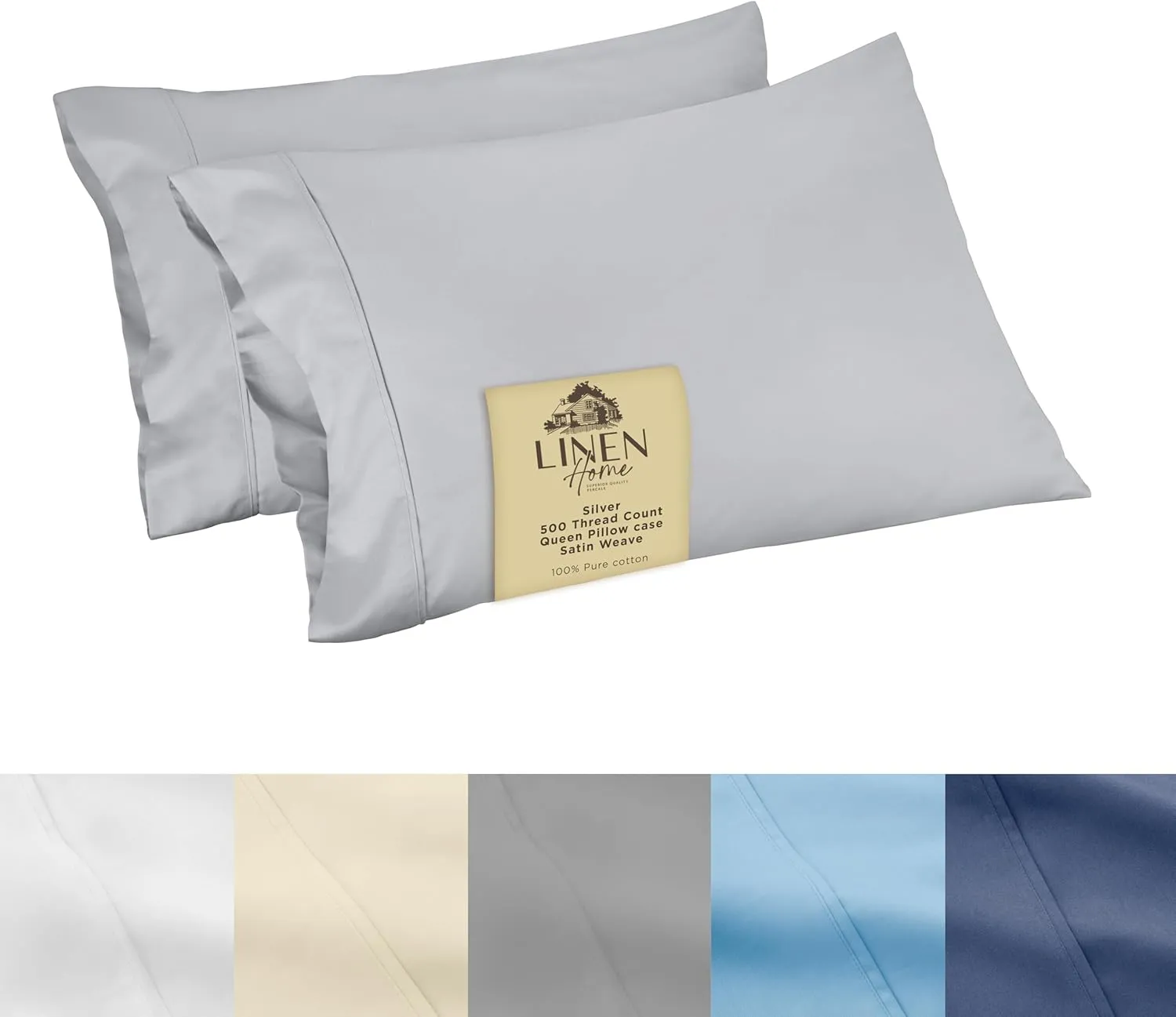Linen Home 500 Thread Count Queen Pillowcase Set | 100% Long-Staple Cotton Pillow Cases | Soft & Smooth Luxury Satin Set of 2 Pillowcases | 4 Inch Z Hem | Silver