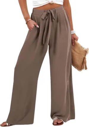 Linen Pants Women Summer Palazzo Pant Woman Wide Leg Drawstring Trousers Casual Flowy Boho Outfits for Beach Vacation