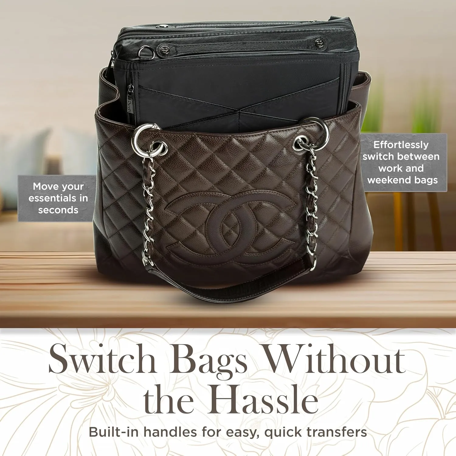 Littbag Handbag Organizer with Patented LED & Auto 60-sec Shutoff - Featured in Oprah's Favorite Things – Purse Organizer with 12 Compartments, Clear Pockets, Zippered Privacy Pocket & More (Black)