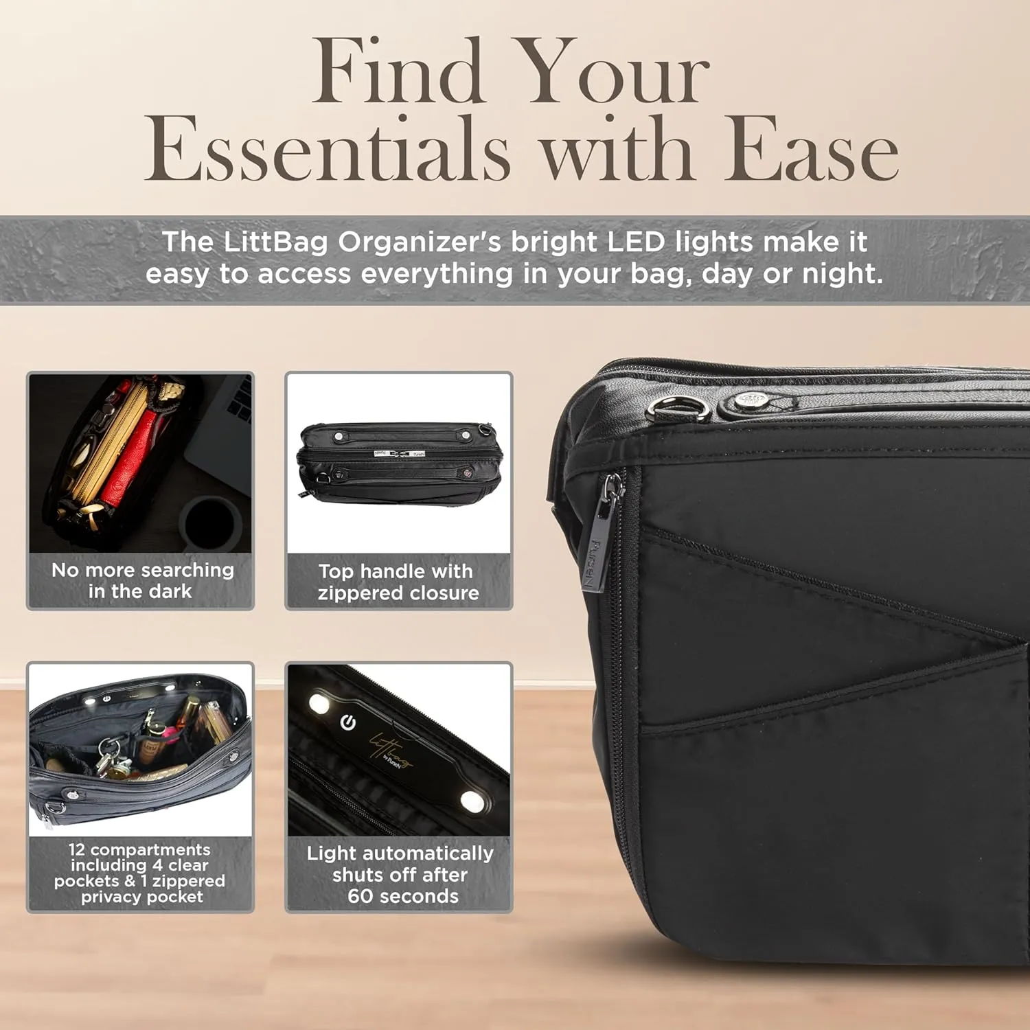 Littbag Handbag Organizer with Patented LED & Auto 60-sec Shutoff - Featured in Oprah's Favorite Things – Purse Organizer with 12 Compartments, Clear Pockets, Zippered Privacy Pocket & More (Black)