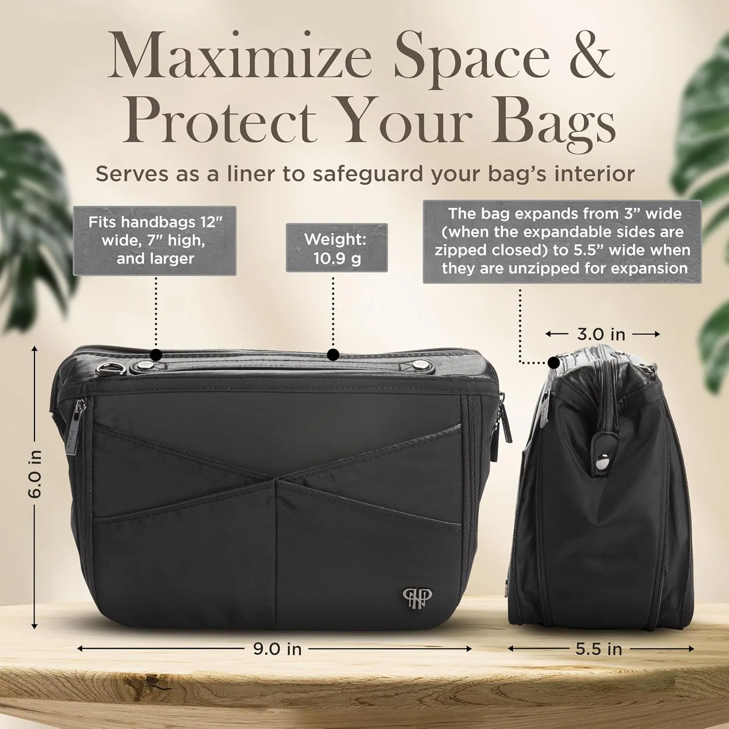 Littbag Handbag Organizer with Patented LED & Auto 60-sec Shutoff - Featured in Oprah's Favorite Things – Purse Organizer with 12 Compartments, Clear Pockets, Zippered Privacy Pocket & More (Black)