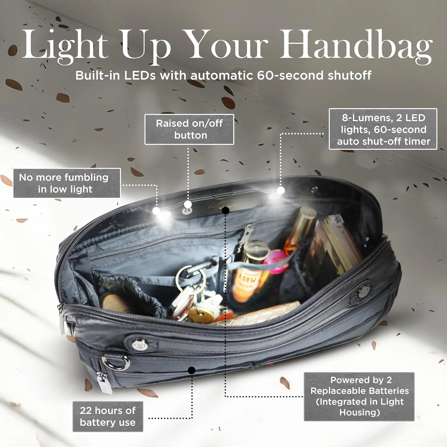 Littbag Handbag Organizer with Patented LED & Auto 60-sec Shutoff - Featured in Oprah's Favorite Things – Purse Organizer with 12 Compartments, Clear Pockets, Zippered Privacy Pocket & More (Black)
