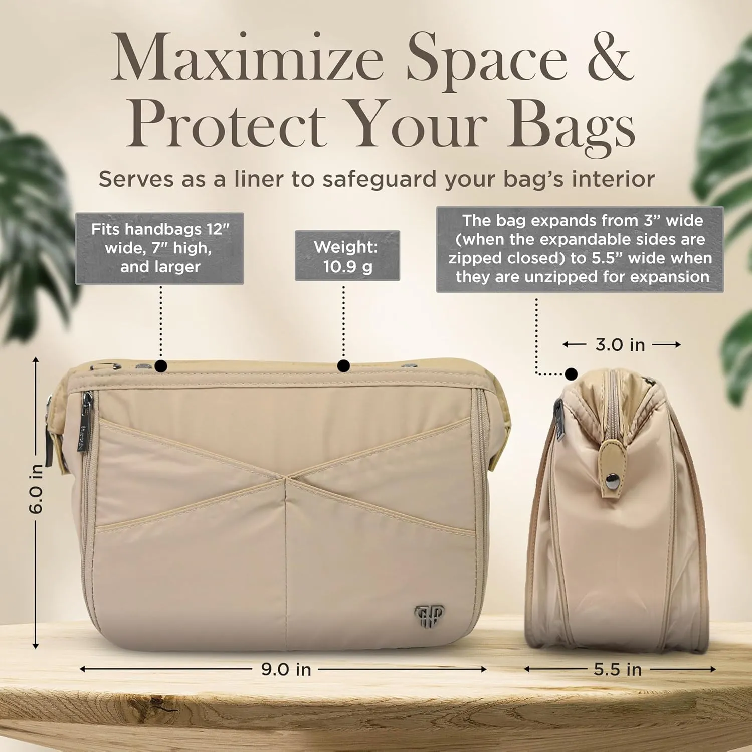 Littbag Handbag Organizer with Patented LED & Auto 60-sec Shutoff - Featured in Oprah's Favorite Things – Purse Organizer with 12 Compartments, Clear Pockets, Zippered Privacy Pocket & More (Nude)